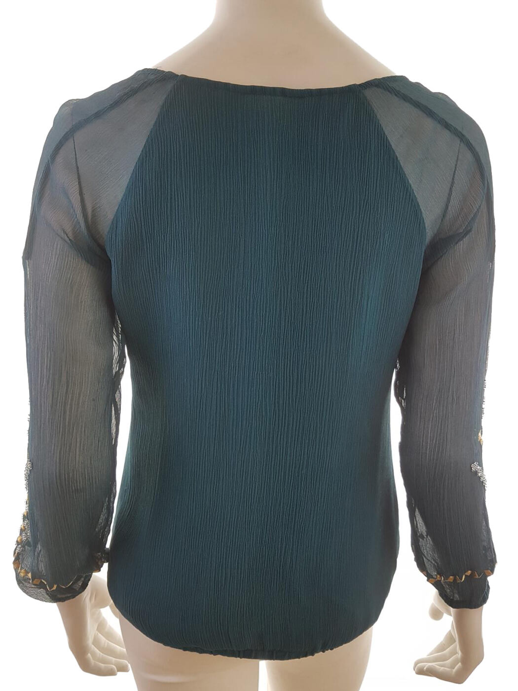 Monsoon Rozmiar S Kolor Zielony Geometryczny Keyhole Crew Neck Bluzka Długi rękaw Materiał Jedwab 100%