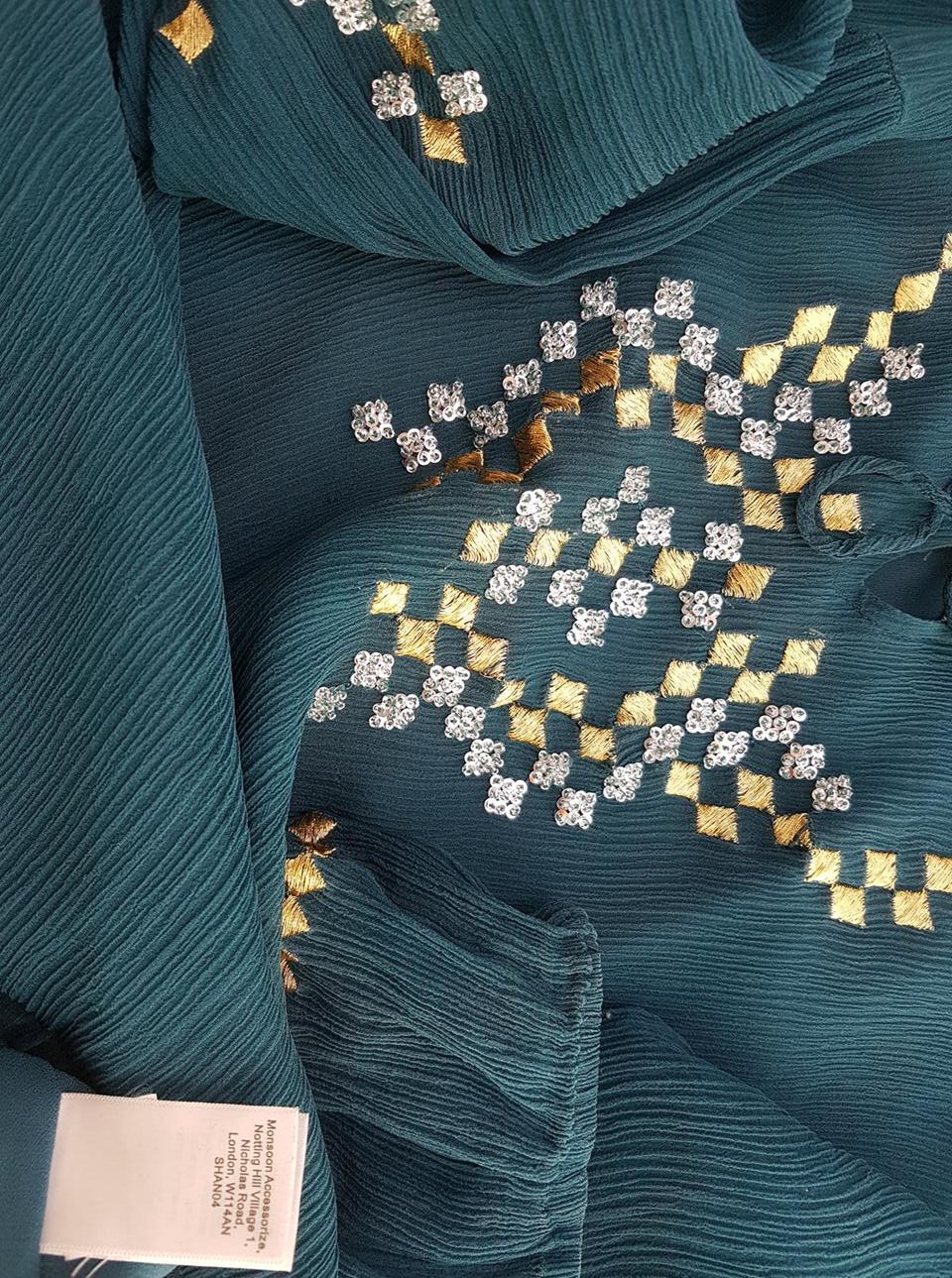Monsoon Rozmiar S Kolor Zielony Geometryczny Keyhole Crew Neck Bluzka Długi rękaw Materiał Jedwab 100%
