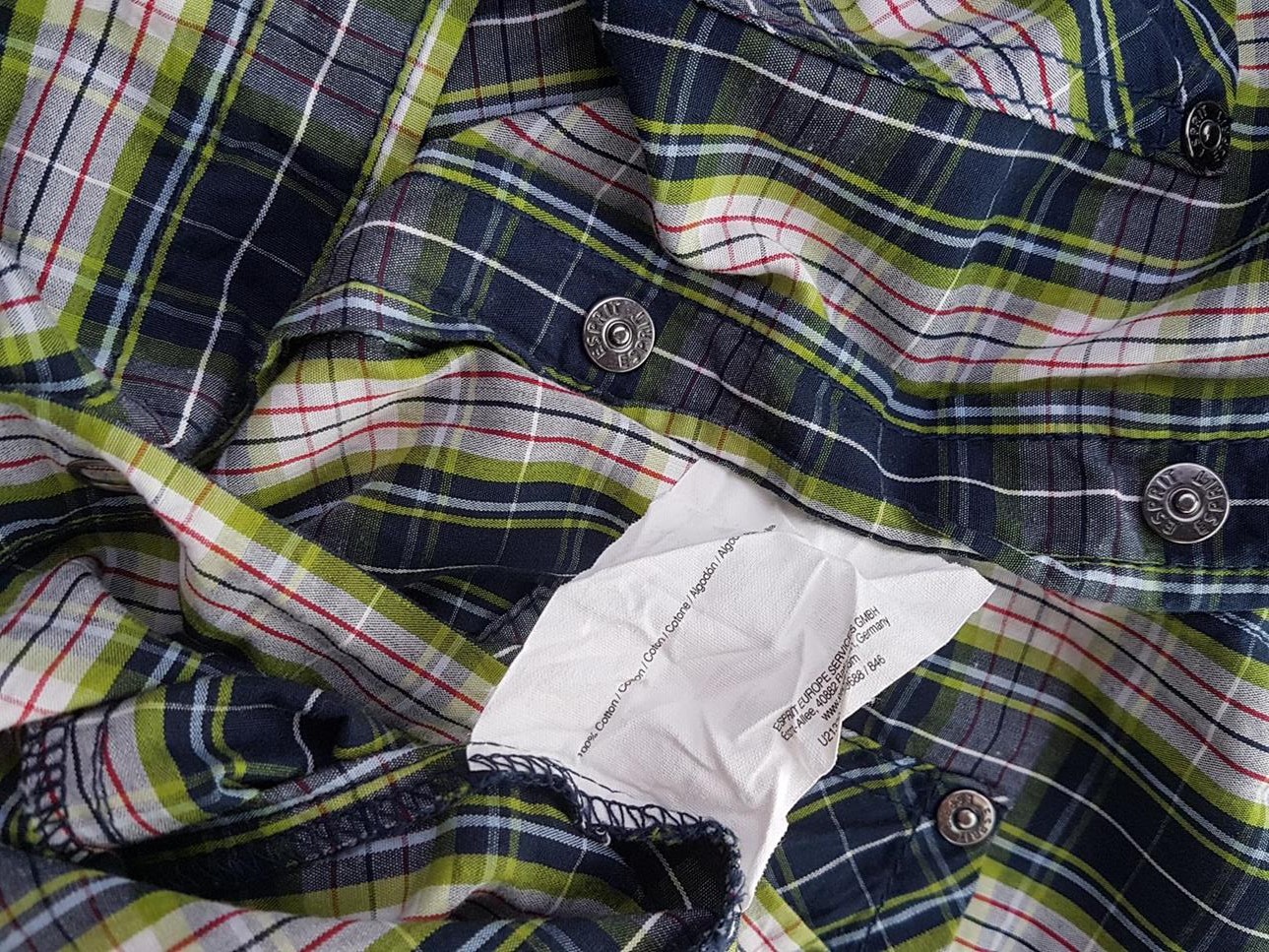 20190628_134520.jpg Esprit Rozmiar M Kolor Granatowy Krata Kołnierz Koszula Zapinana Bluzka Krótki rękaw Materiał Bawełna 100%