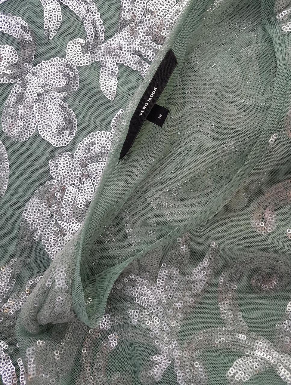 Vero moda Rozmiar M Kolor Zielony Roślinny Liście Crew Neck Bluzka Krótki rękaw