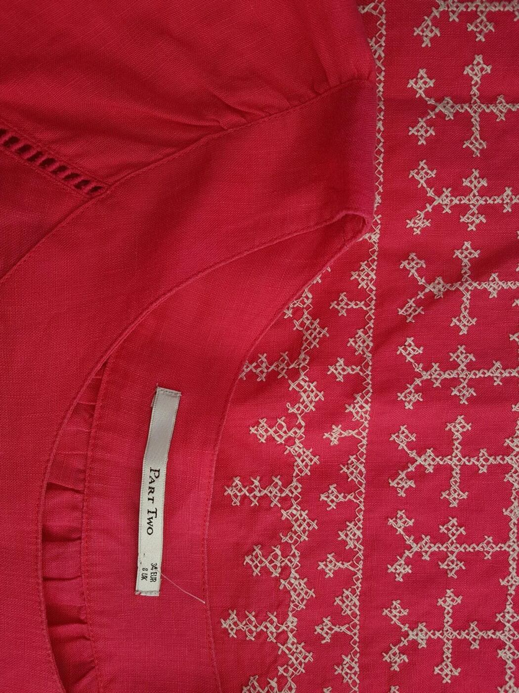 Part two Rozmiar 34 Kolor Różowy Okrągły dekolt Sukienka Prostokątna Rękaw 3/4 Midi Materiał Len Part two Rozmiar 34 Kolor Różowy Okrągły dekolt Sukienka Prostokątna Rękaw 3/4 Midi Materiał Len