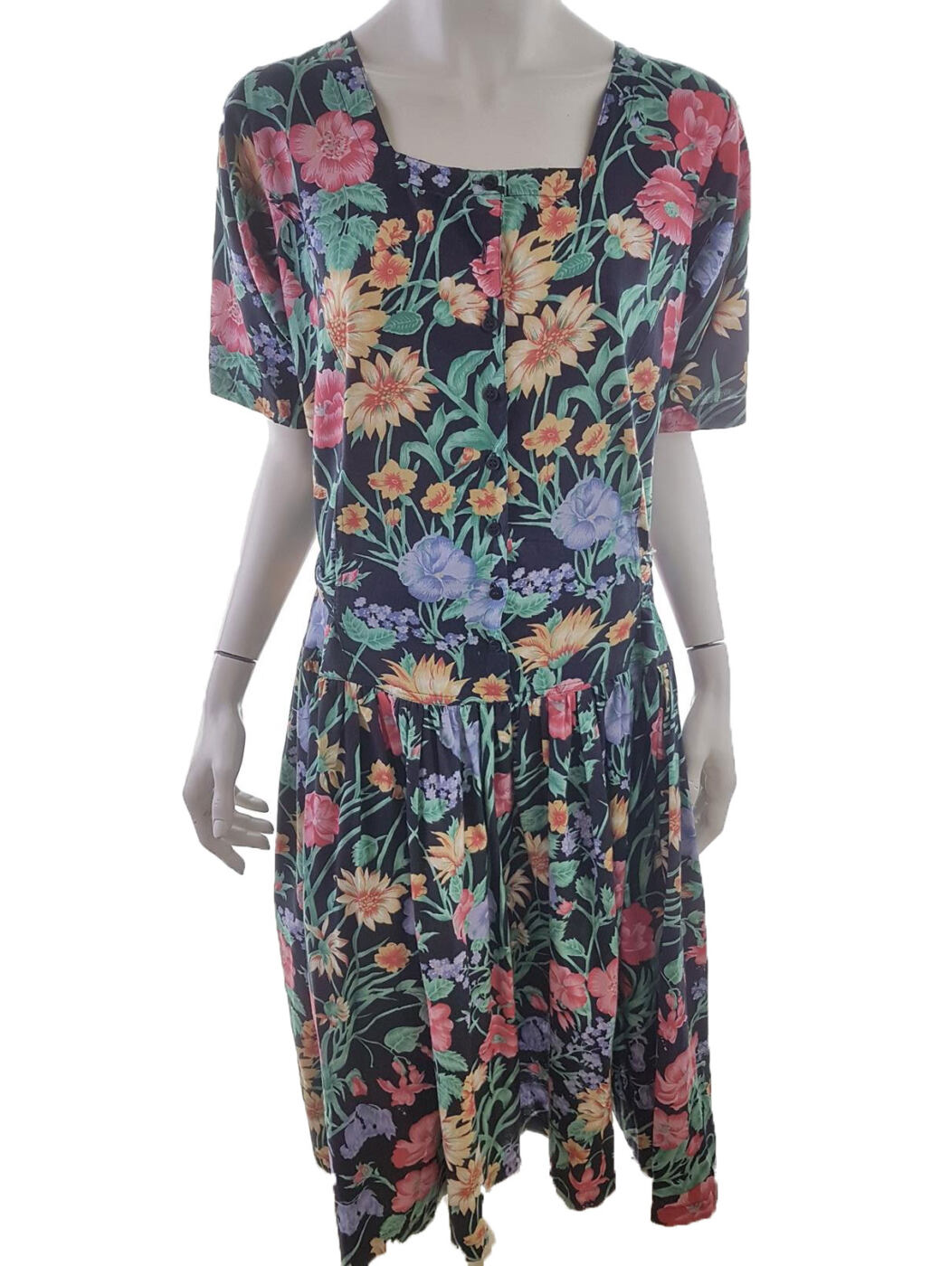 Vintage Rozmiar 38 Kolor Czarny Kwadratowy dekolt Sukienka Maxi Krótki rękaw Długa Materiał Wiskoza