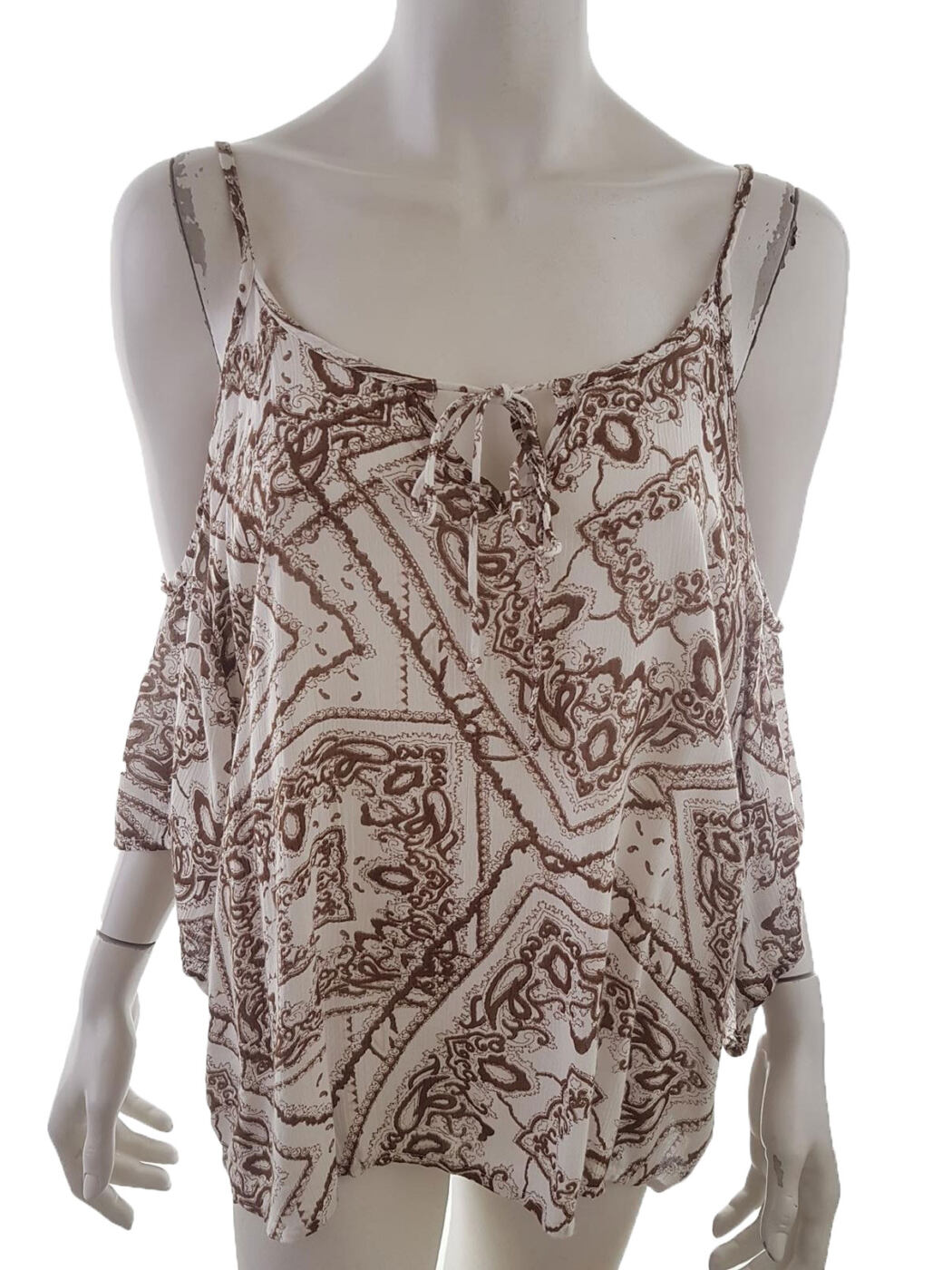 Cream Rozmiar 42 Kolor Biały Damask Paisley Keyhole Crew Neck Bluzka Krótki rękaw Materiał Wiskoza 100%