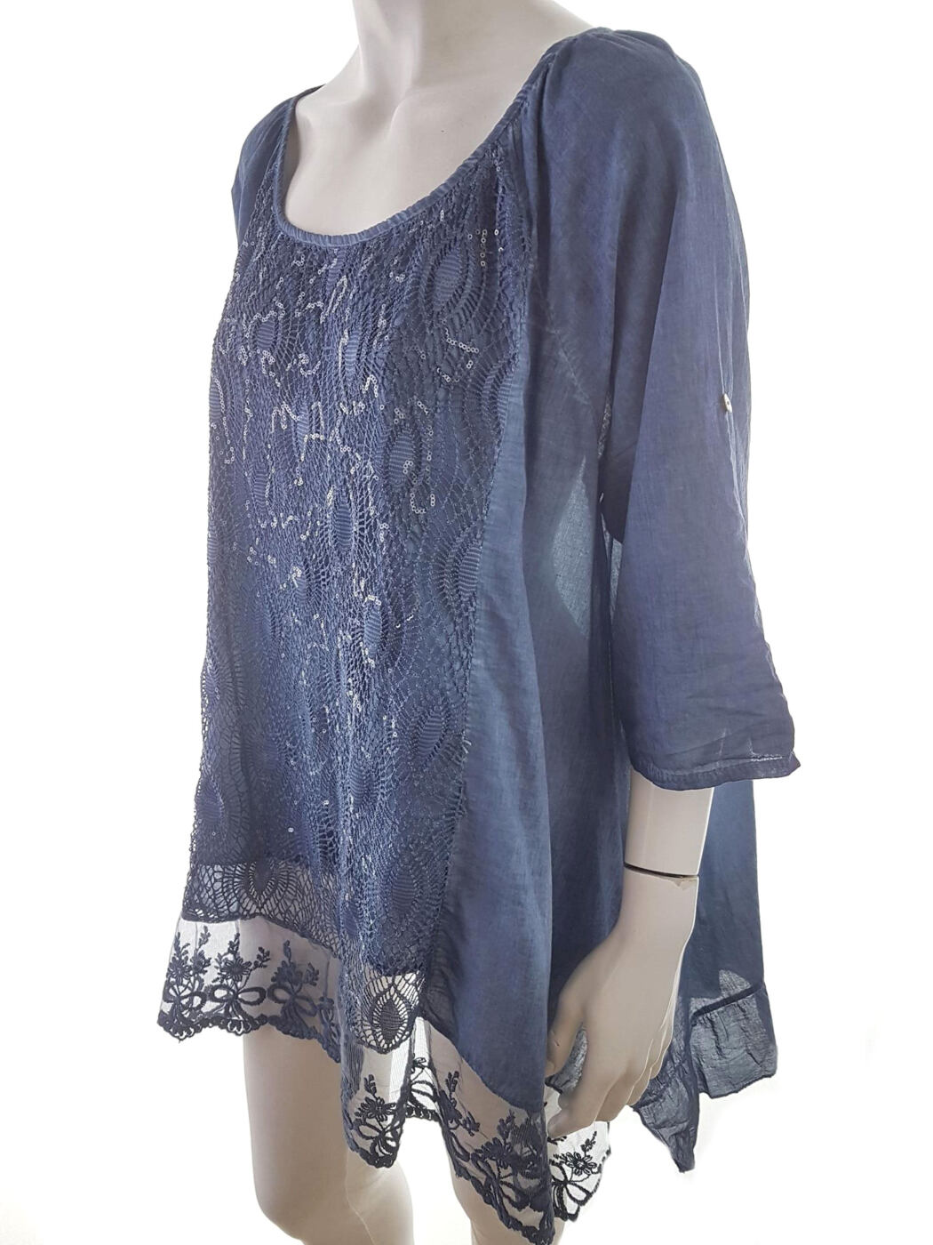 Italy Rozmiar XL/XXL Kolor Granatowy Okrągły dekolt Tunika Bluzka Rękaw 3/4 Italy Rozmiar XL/XXL Kolor Granatowy Okrągły dekolt Tunika Bluzka Rękaw 3/4