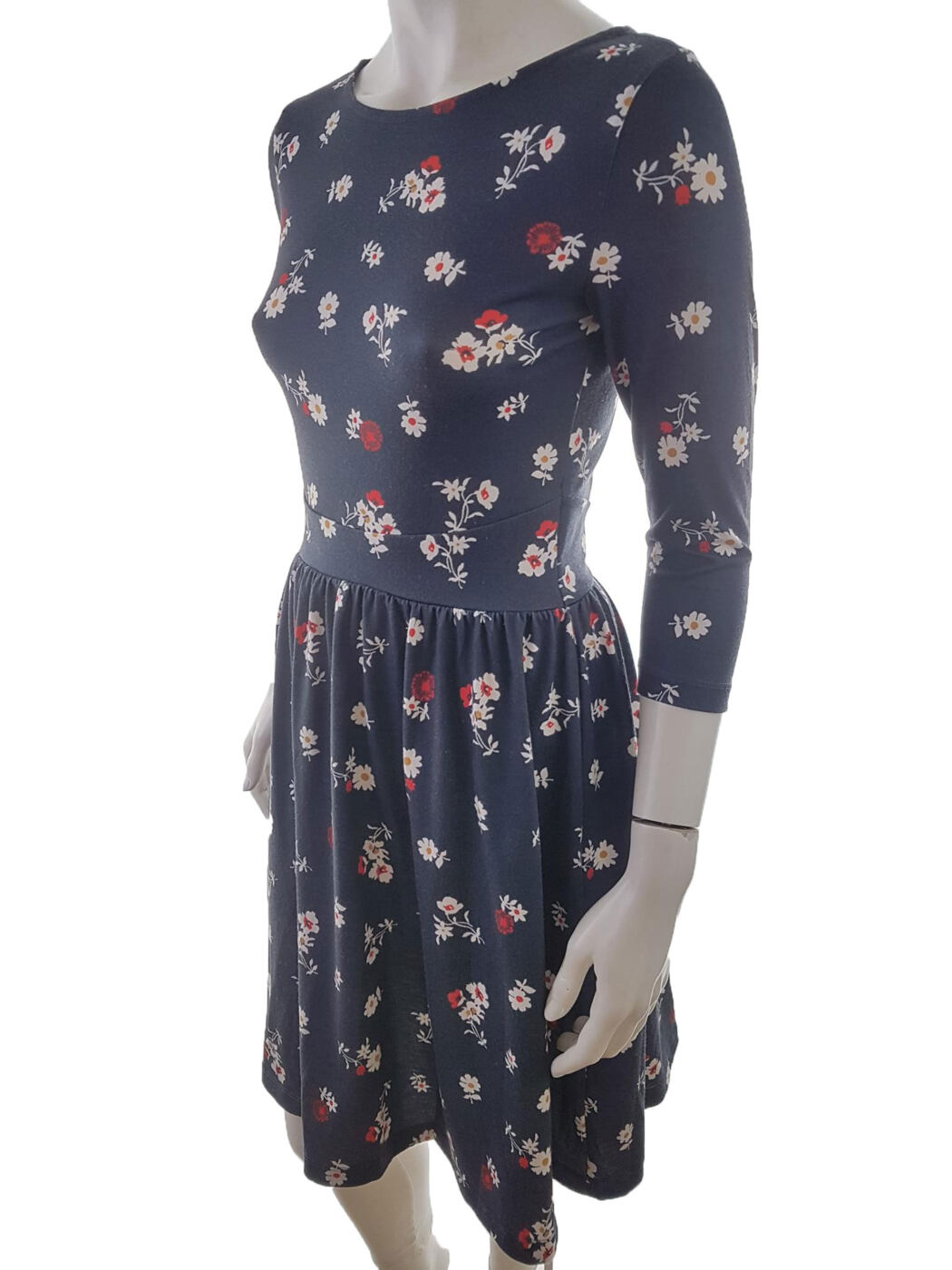Rozmiar XS Kolor Granatowy Okrągły dekolt Sukienka Sheath Rękaw 3/4 Do Kolan Rozmiar XS Kolor Granatowy Okrągły dekolt Sukienka Sheath Rękaw 3/4 Do Kolan
