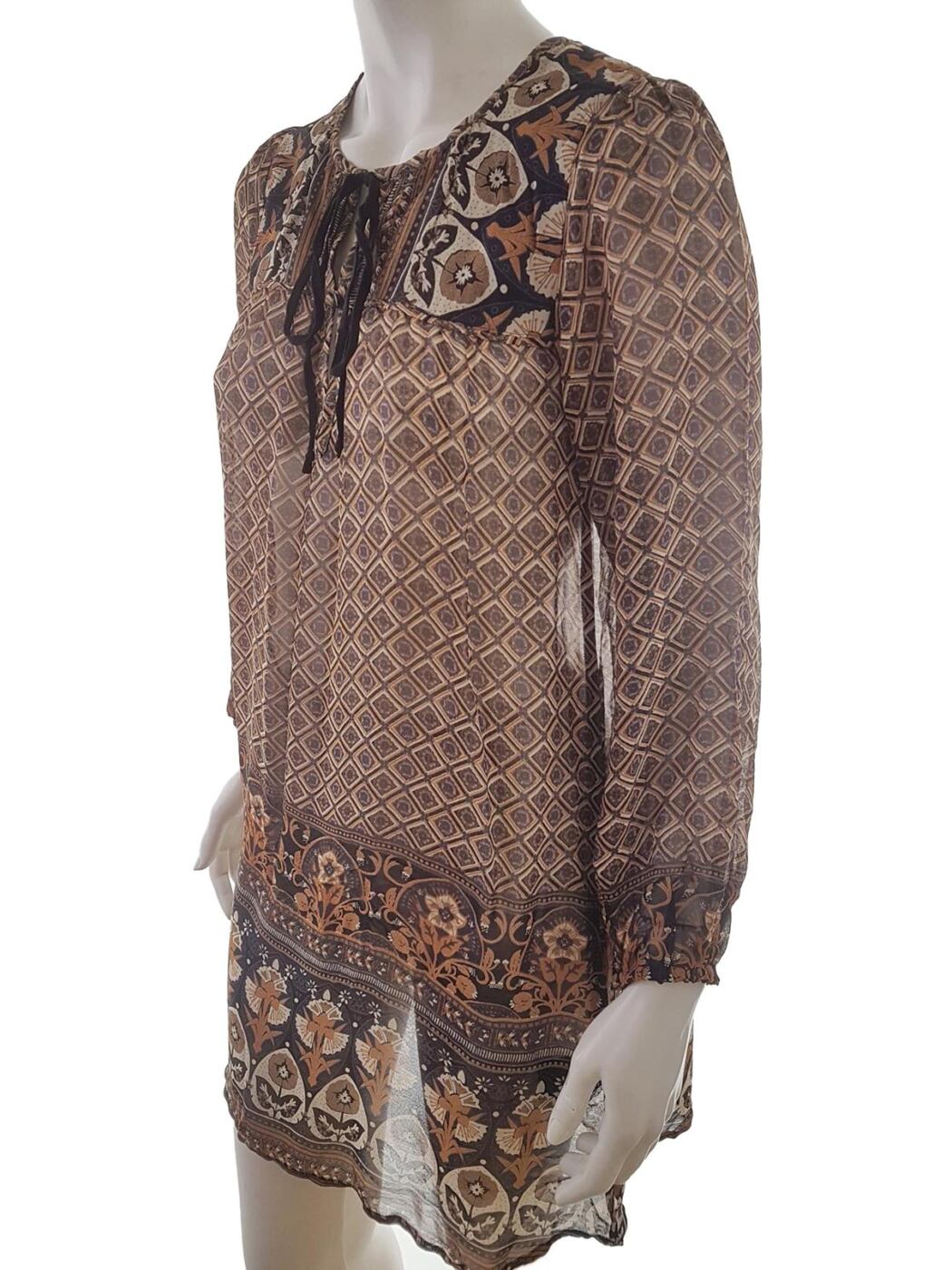 Indiska Rozmiar S Kolor Brązowy Aztecka Keyhole Crew Neck Sukienka Prostokątna Długi rękaw Do Kolan Materiał Wiskoza 100% Indiska Rozmiar S Kolor Brązowy Aztecka Keyhole Crew Neck Sukienka Prostokątna Długi rękaw Do Kolan Materiał Wiskoza 100%