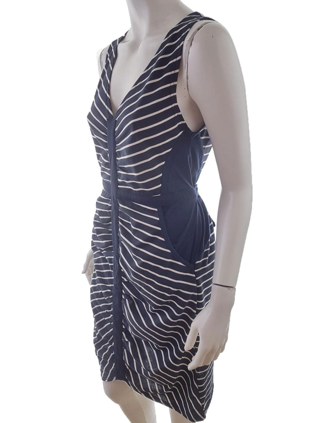 Uttam Boutique Rozmiar 42 (14) Kolor Granatowy Pasy W serek Sukienka Sheath Bezrękawnik Midi Materiał Bawełna Uttam Boutique Rozmiar 42 (14) Kolor Granatowy Pasy W serek Sukienka Sheath Bezrękawnik Midi Materiał Bawełna