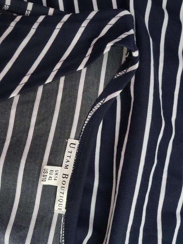 Uttam Boutique Rozmiar 42 (14) Kolor Granatowy Pasy W serek Sukienka Sheath Bezrękawnik Midi Materiał Bawełna Uttam Boutique Rozmiar 42 (14) Kolor Granatowy Pasy W serek Sukienka Sheath Bezrękawnik Midi Materiał Bawełna