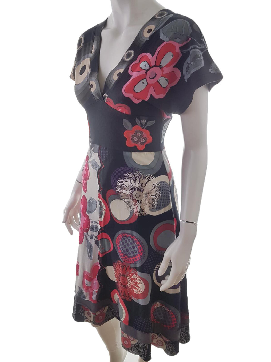 DESIGUAL Rozmiar XS Kolor Czarny W serek Sukienka Sheath Krótki rękaw Midi Materiał Bawełna 100%