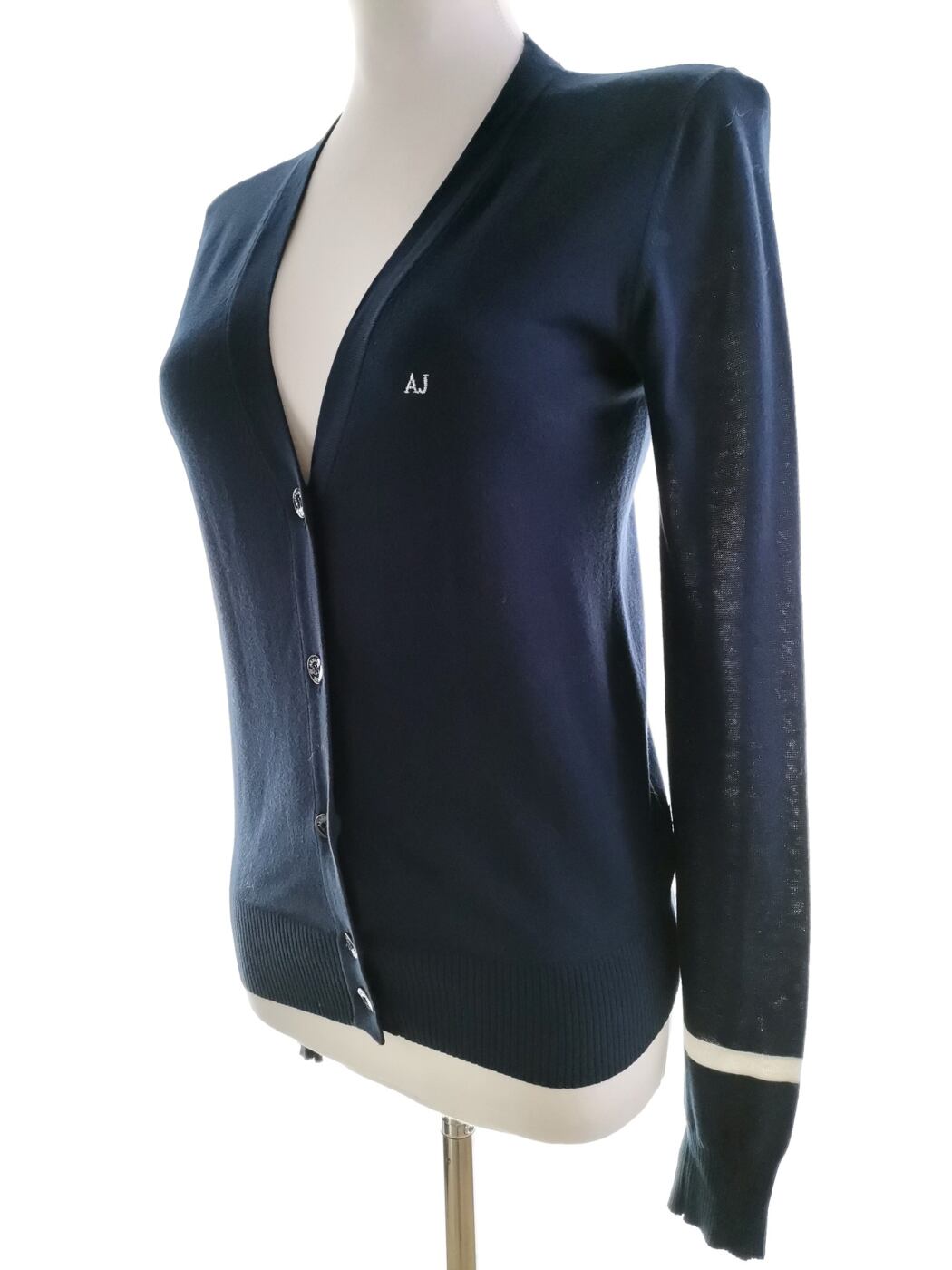 ARMANI JEANS Rozmiar 34-38 Kolor Granatowy W serek Kardigan Zapinany Długi rękaw Materiał Bawełna 100% Cienka dzianina