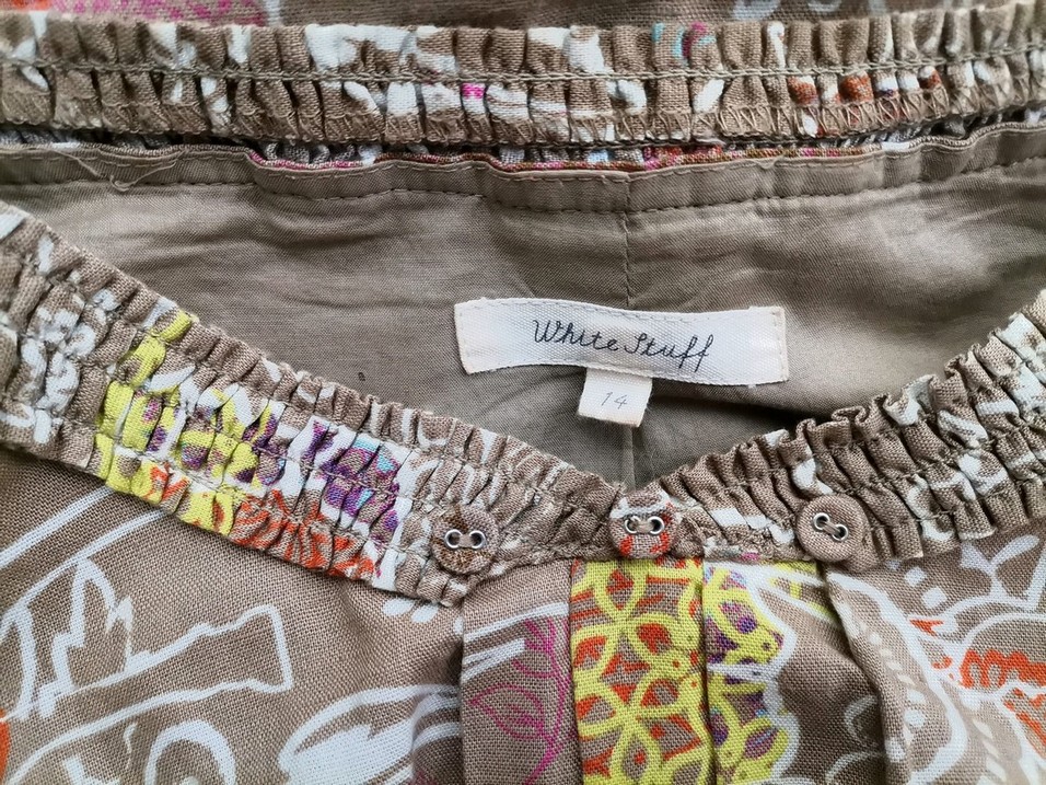 White stuff Rozmiar 14 (42) Kolor Brązowy W serek Sukienka Prostokątna Krótki rękaw Midi Materiał Len White stuff Rozmiar 14 (42) Kolor Brązowy W serek Sukienka Prostokątna Krótki rękaw Midi Materiał Len
