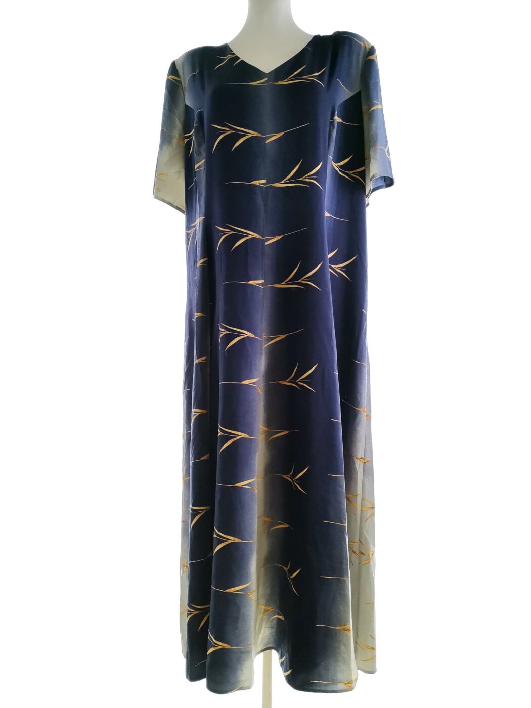 Vintage Rozmiar XXXL Kolor Granatowy W serek Sukienka Maxi Krótki rękaw Długa