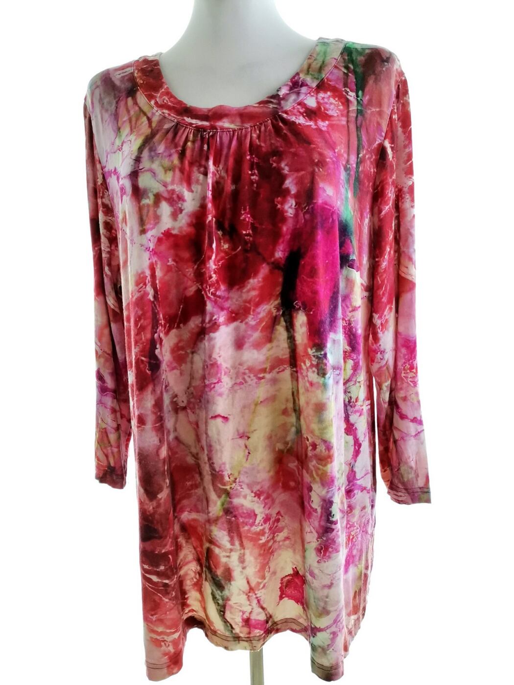 Vintage Rozmiar XL Kolor Kolorowa Floral Abstrakt Okrągły dekolt Tunika Bluzka Rękaw 3/4 Materiał Wiskoza