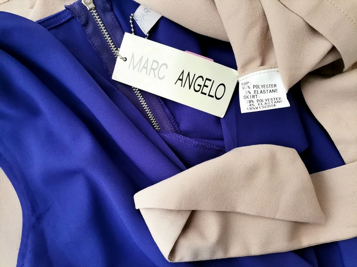 Marc Angelo Rozmiar 12 (40) Kolor Beżowy Drapowany dekolt Sukienka Mini Bezrękawnik Krótka Marc Angelo Rozmiar 12 (40) Kolor Beżowy Drapowany dekolt Sukienka Mini Bezrękawnik Krótka