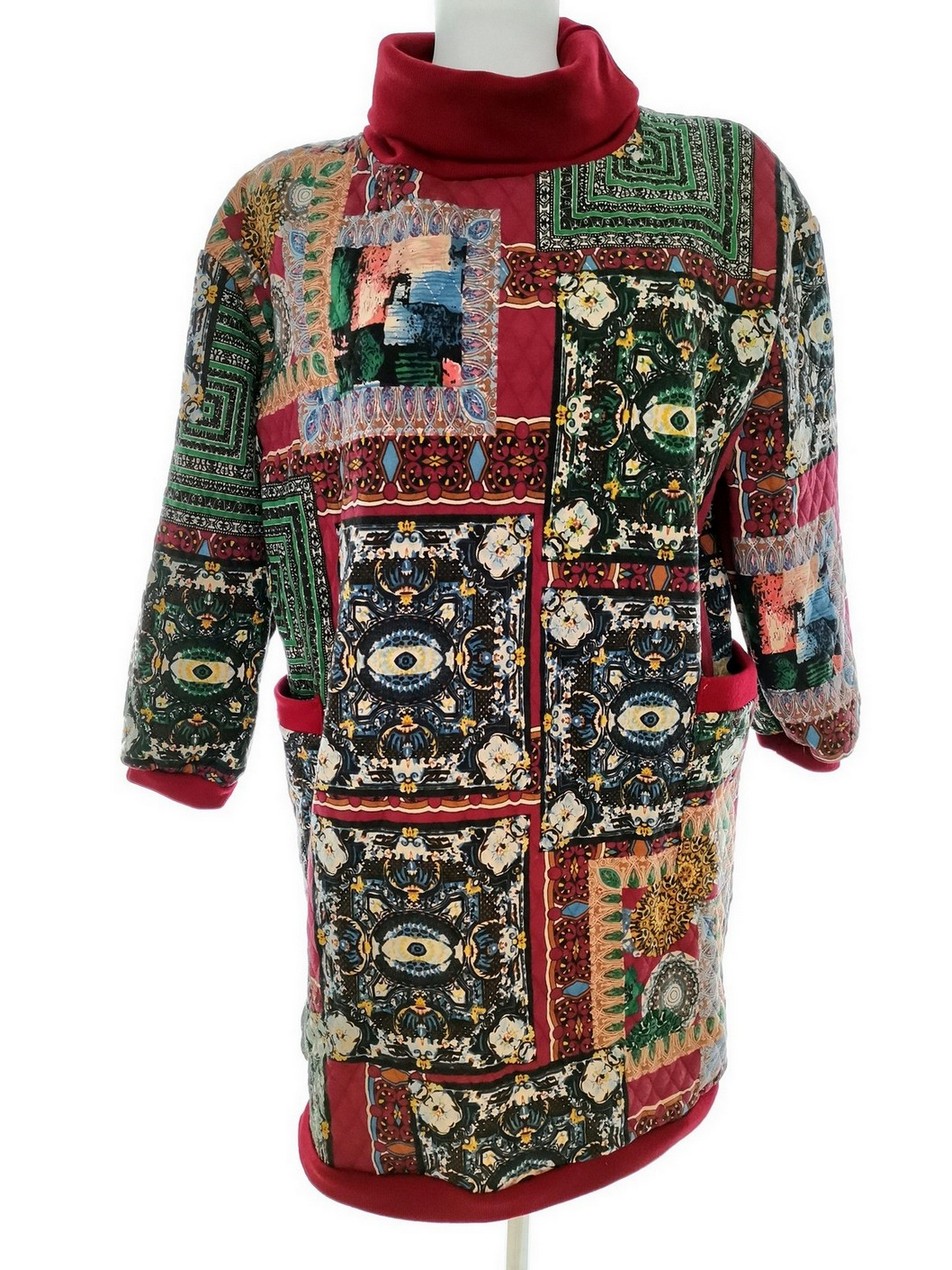 Vintage Rozmiar M Kolor Bordowy Geometryczny Golf Tunika Bluzka Dzianina Rękaw 3/4