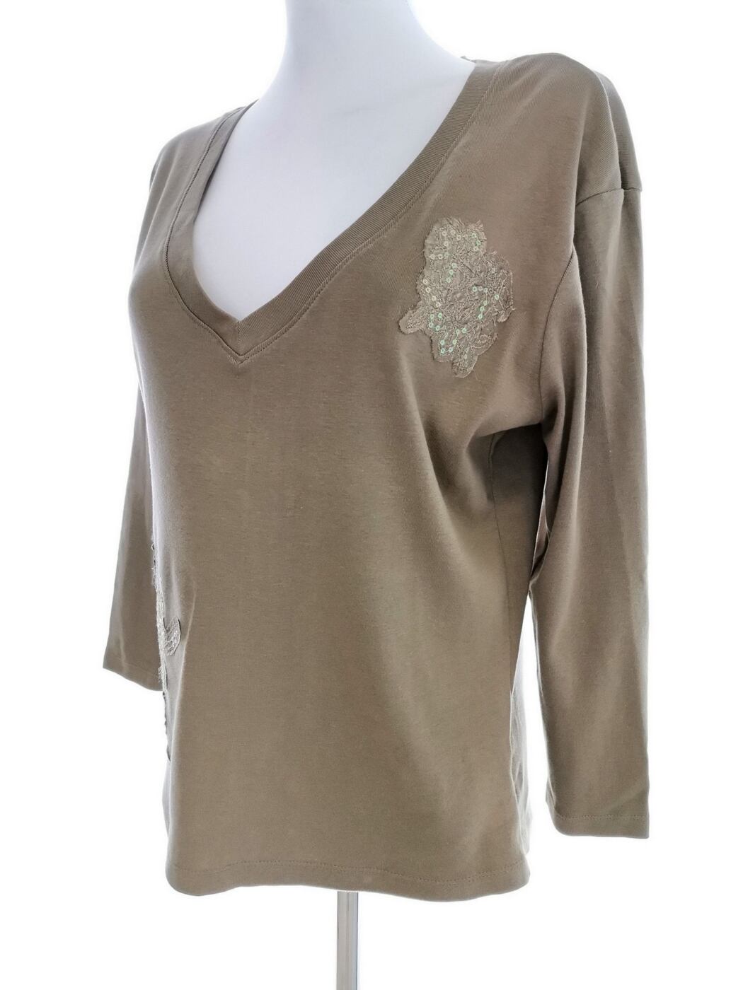 Vintage Rozmiar 44 Kolor Khaki W serek Bluzka Rękaw 3/4