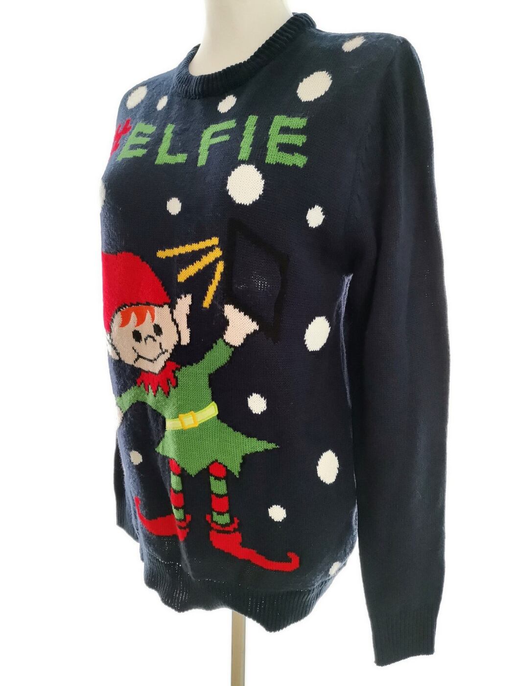 IMG_20210127_123628.jpg Merry Christmas Rozmiar XS Kolor Granatowy Crew Neck Sweter Świąteczny Gwiazdka Długi rękaw Materiał Akryl 100% Cienka dzianina