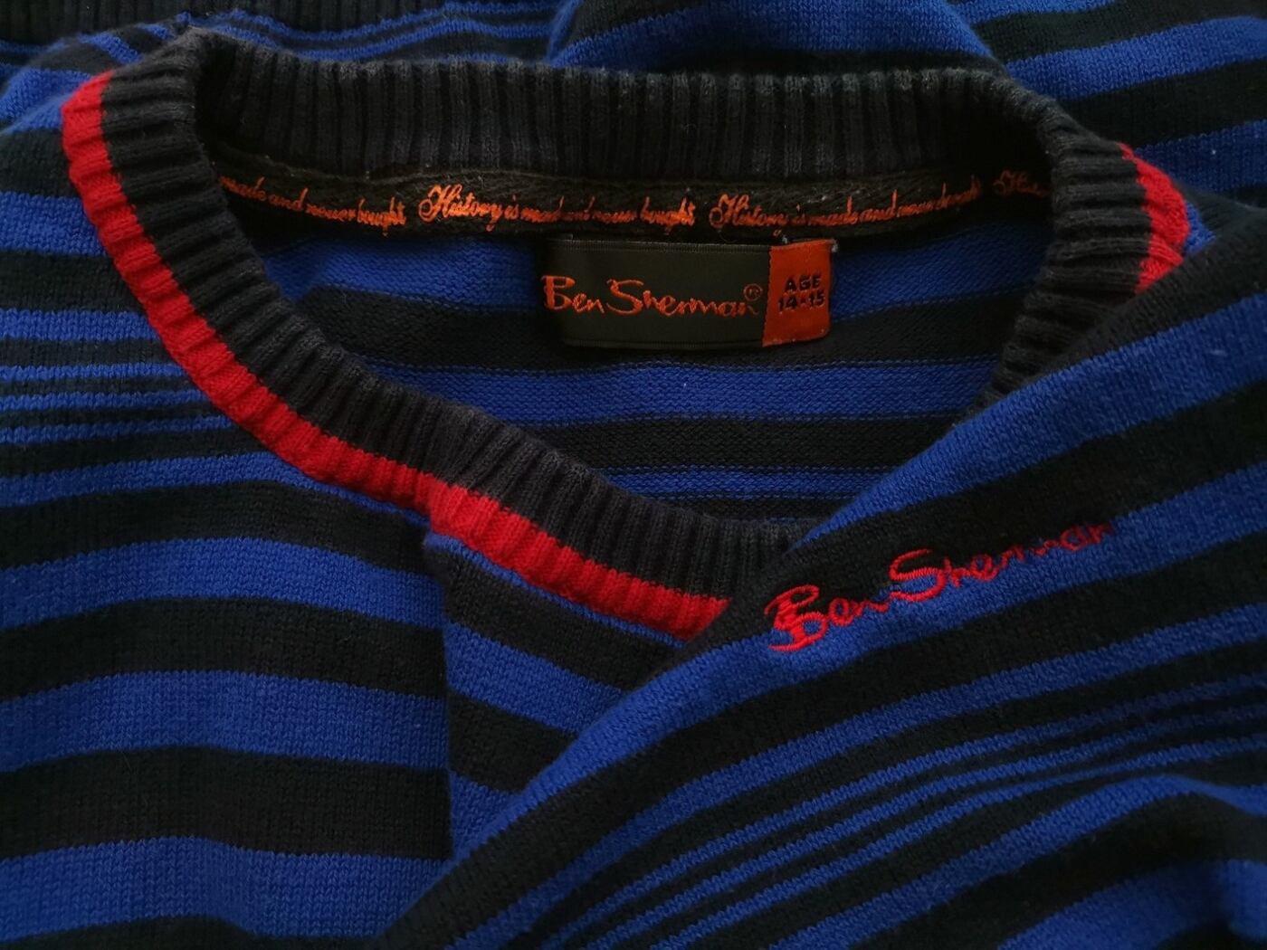 IMG_20210204_122652.jpg BEN SHERMAN Rozmiar 14-15 age (XS/S) Kolor Niebieski Pasy Crew Neck Sweter Długi rękaw Materiał Bawełna 100% Cienka dzianina