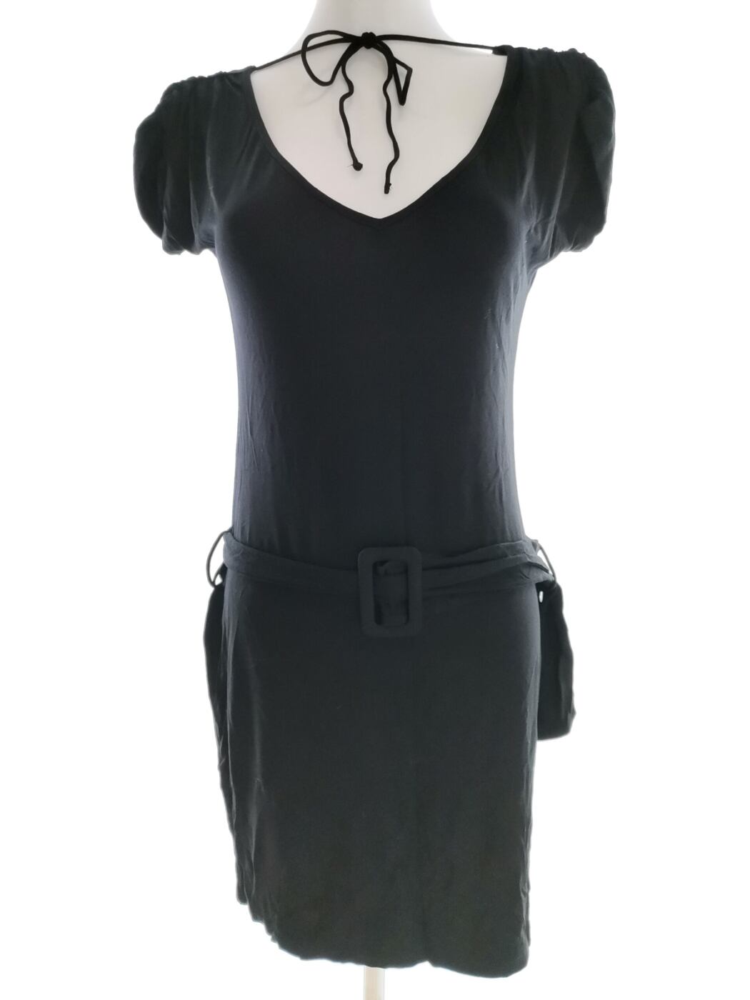 Mexx Rozmiar S Kolor Czarny Keyhole Crew Neck Sukienka Ołówkowa Krótki rękaw Do Kolan Materiał Wiskoza