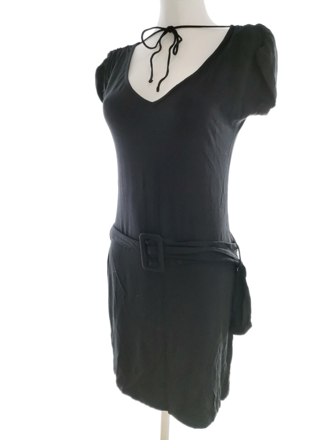 Mexx Rozmiar S Kolor Czarny Keyhole Crew Neck Sukienka Ołówkowa Krótki rękaw Do Kolan Materiał Wiskoza