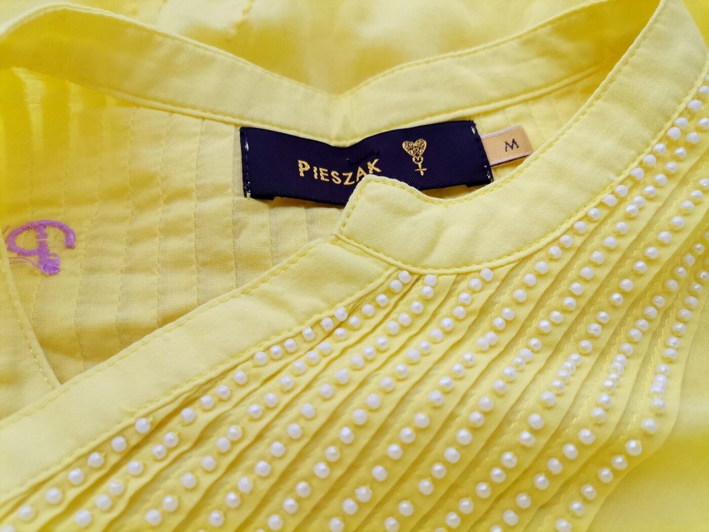 Pieszak Rozmiar M Kolor Żółty Split Crew Neck Tunika Popover Bluzka Rękaw 3/4 Pieszak Rozmiar M Kolor Żółty Split Crew Neck Tunika Popover Bluzka Rękaw 3/4