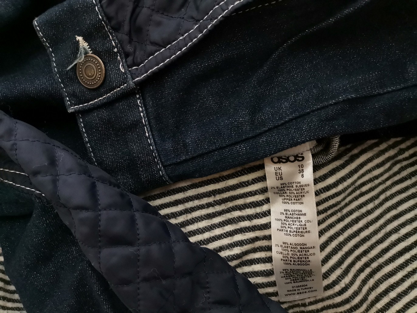 IMG_20210223_101045.jpg ASOS Rozmiar 10 (38) Kolor Granatowy Pasy Kołnierz Żakiet z zapięciem Długi rękaw Materiał Bawełna