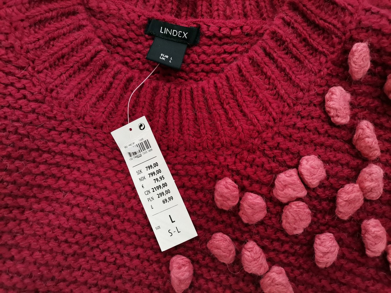IMG_20210303_111822.jpg Lindex Rozmiar L Kolor Purpurowy Crew Neck Sweter Świąteczny Gwiazdka Rękaw 3/4 Materiał Akryl Dzianina waflowa