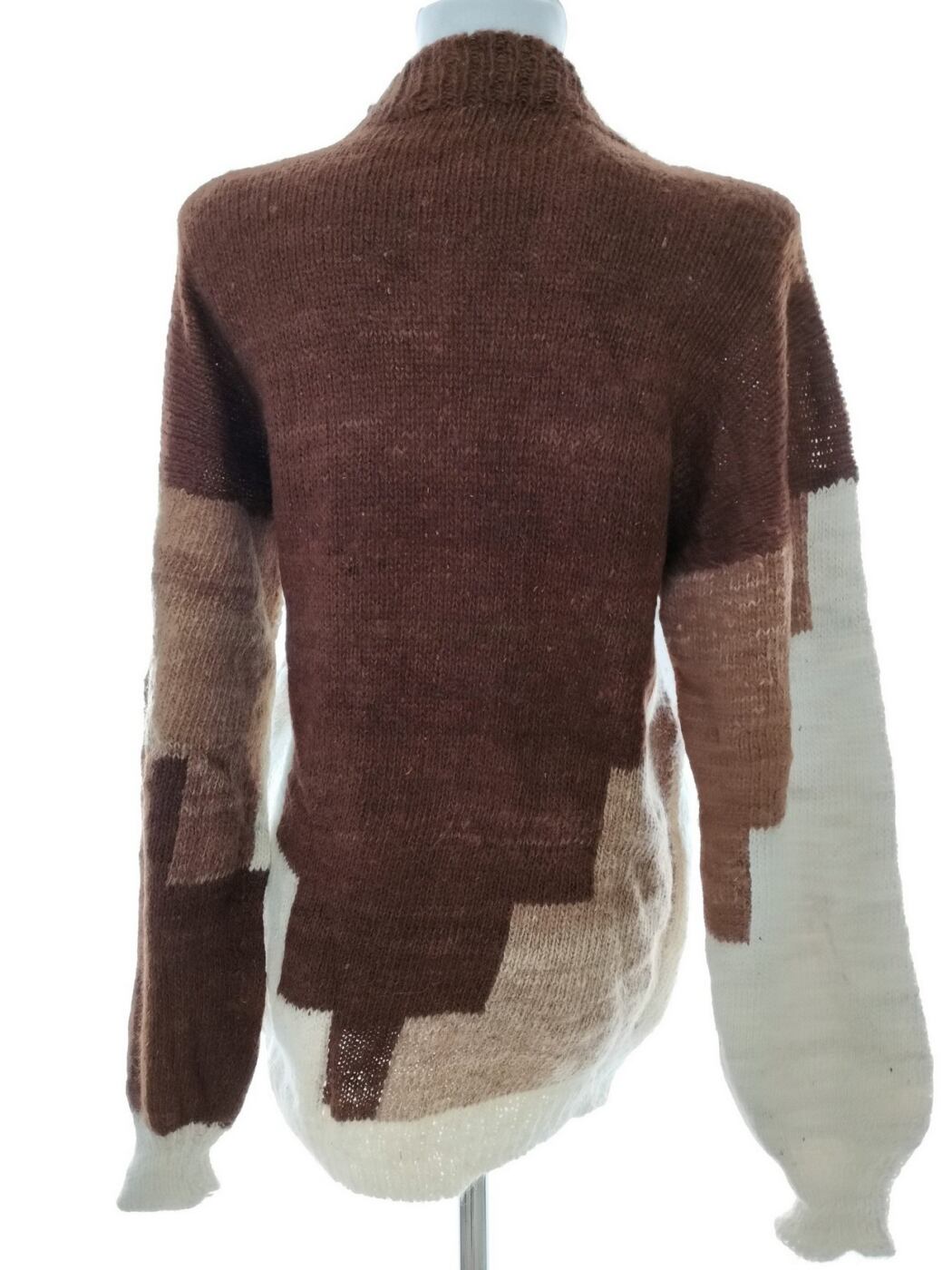 Vintage Rozmiar 42-44 Kolor Brązowy Geometryczny Pół golf Tunika Bluzka Dzianina Długi rękaw