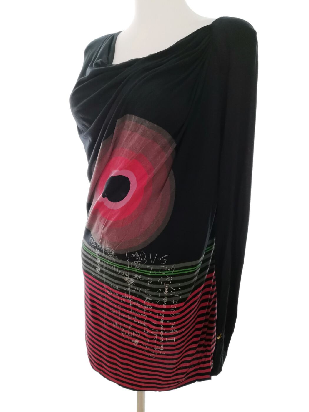 DESIGUAL Rozmiar XL Kolor Czarny Pasy Drapowany dekolt Tunika Bluzka Długi rękaw Materiał Wiskoza 100% DESIGUAL Rozmiar XL Kolor Czarny Pasy Drapowany dekolt Tunika Bluzka Długi rękaw Materiał Wiskoza 100%
