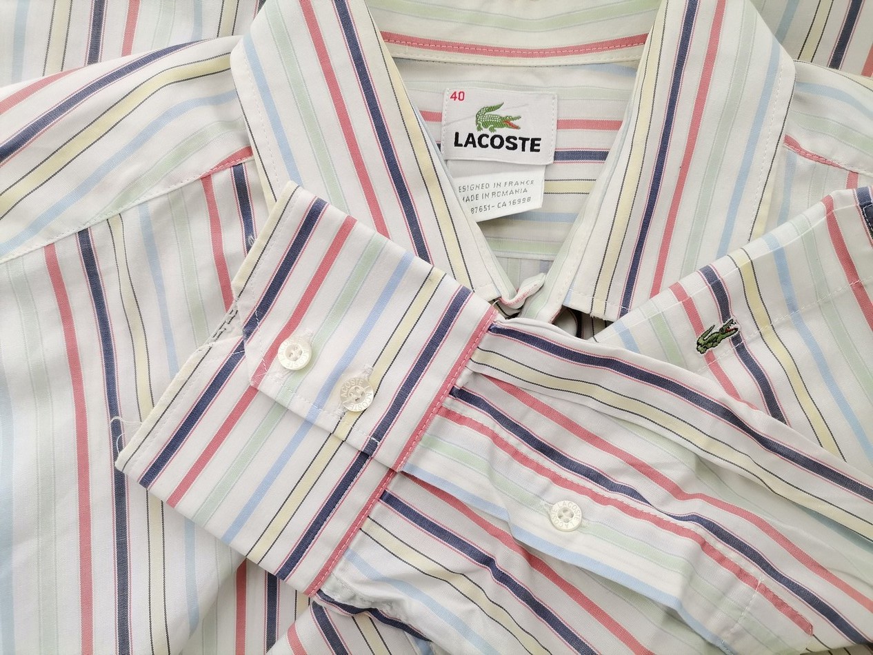 IMG_20210313_090049.jpg Lacoste Rozmiar 40 Kolor Kolorowa Pasy Kołnierz Męska Koszula Elegancka Długi rękaw Materiał Bawełna 100%