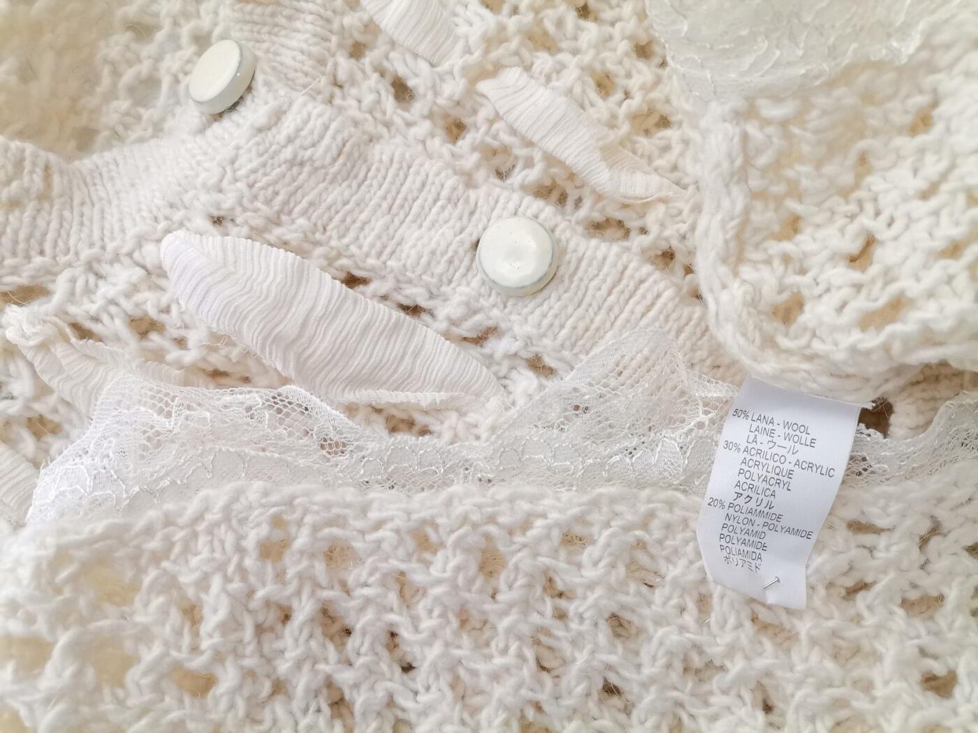 IMG_20210316_101750_r1.jpg Bottega Rozmiar XL Kolor Kremowy Okrągły dekolt Kardigan Zapinany Długi rękaw Materiał Wełna Otwarta dzianina