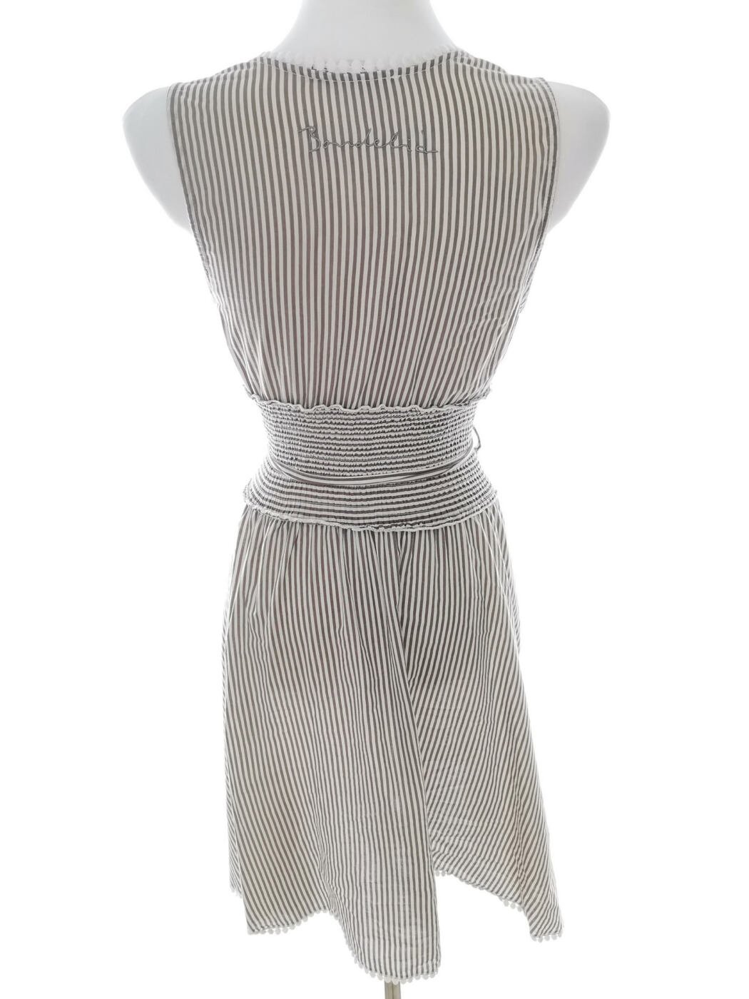 BONDELID Rozmiar S Kolor Brązowy Pasy W serek Sukienka Sheath Bezrękawnik Midi Materiał Bawełna 100% BONDELID Rozmiar S Kolor Brązowy Pasy W serek Sukienka Sheath Bezrękawnik Midi Materiał Bawełna 100%