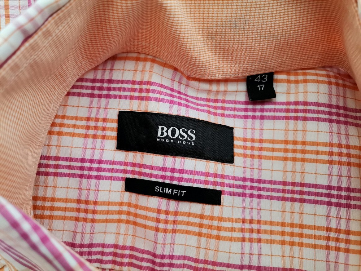 IMG_20210317_105550.jpg Hugo Boss Rozmiar 43 Kolor Różowy Krata Kołnierz Męska Koszula Elegancka Długi rękaw Materiał Bawełna 100%