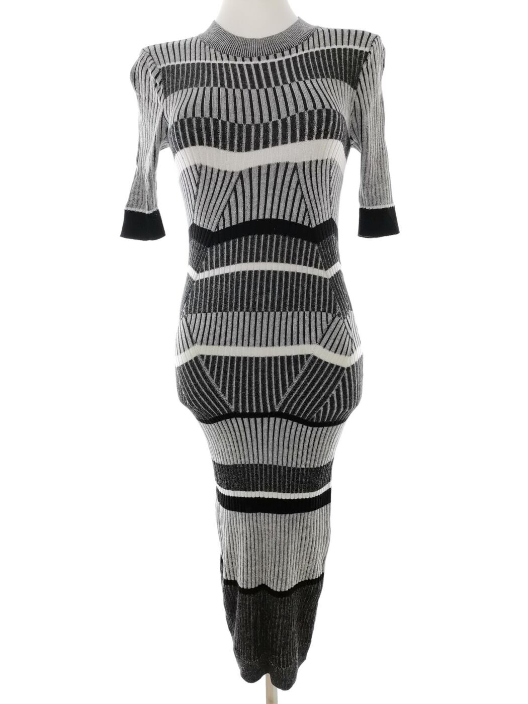 River island Rozmiar 10 (38) Kolor Szary Pasy Crew Neck Sukienka Sweterkowa Krótki rękaw Długa Materiał Wiskoza