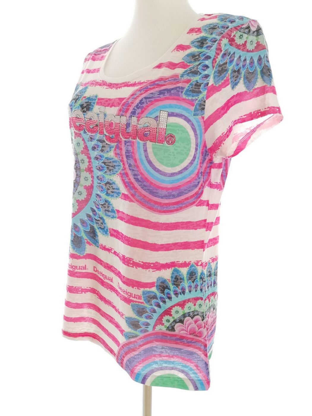 IMG_20210331_111658.jpg DESIGUAL Rozmiar XXL (38-40) Kolor Kolorowa Pasy Okrągły dekolt Bluzka Krótki rękaw Materiał Bawełna