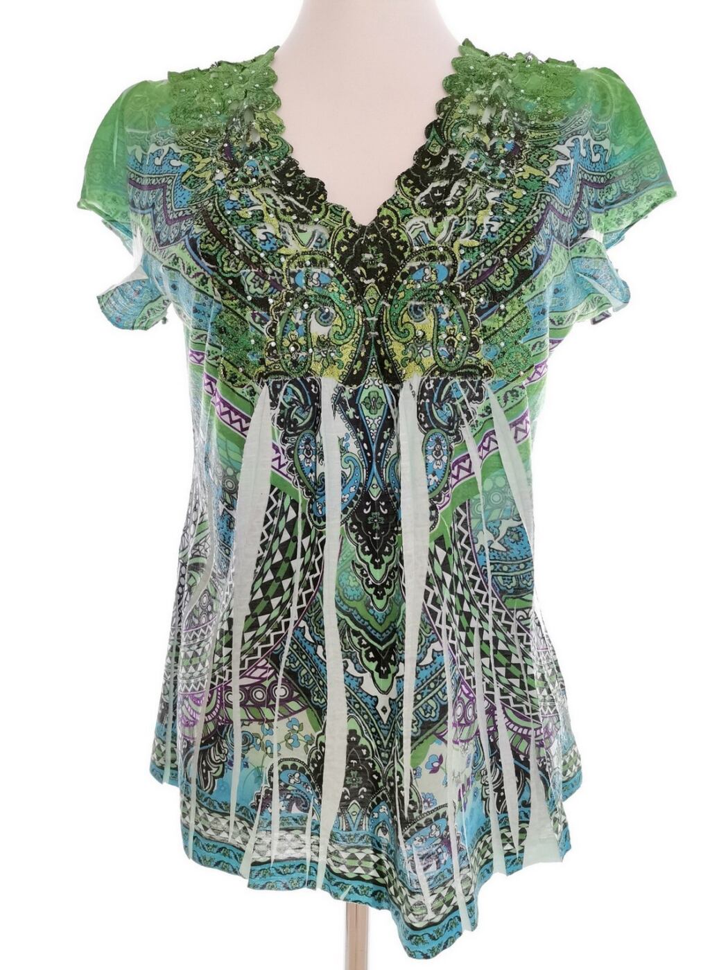 Vintage Rozmiar M Kolor Zielony Damask Paisley W serek Bluzka Krótki rękaw