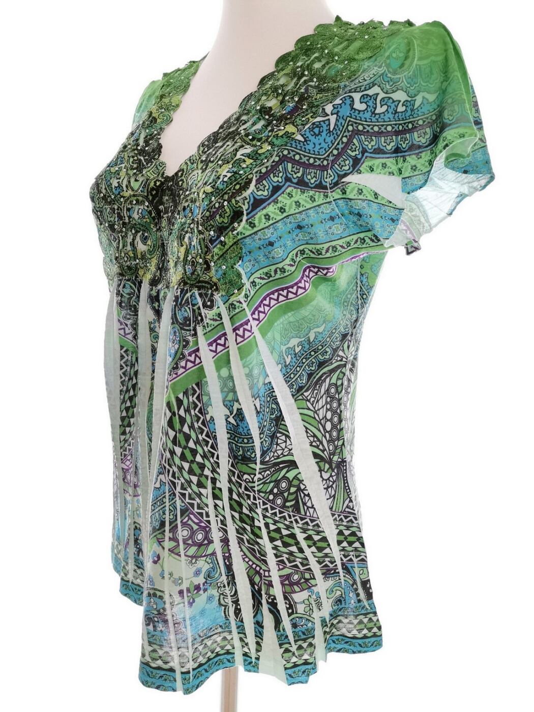 IMG_20210331_143207.jpg Vintage Rozmiar M Kolor Zielony Damask Paisley W serek Bluzka Krótki rękaw