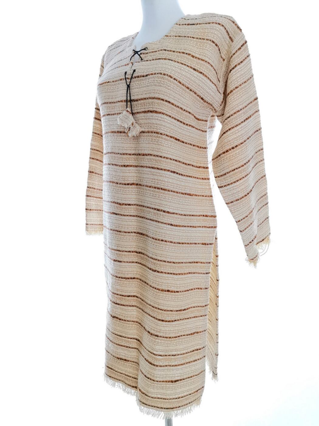 Vintage Rozmiar 38 Kolor Beżowy Pasy Okrągły dekolt Sukienka Sweterkowa Rękaw 3/4 Midi Vintage Rozmiar 38 Kolor Beżowy Pasy Okrągły dekolt Sukienka Sweterkowa Rękaw 3/4 Midi