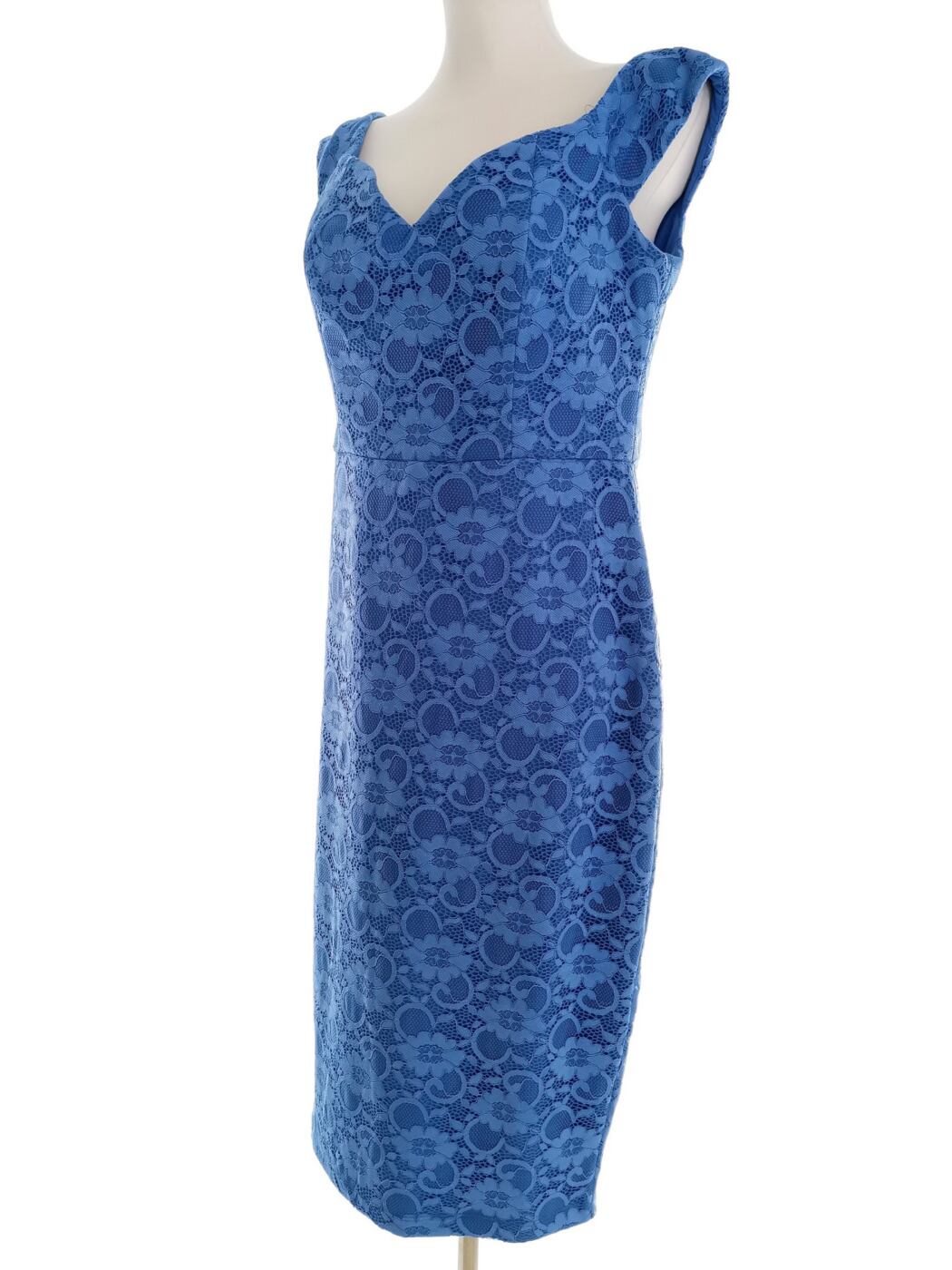 ASOS Rozmiar 14 (42) Kolor Niebieski Dekolt Serce Sukienka Sheath Bezrękawnik Midi