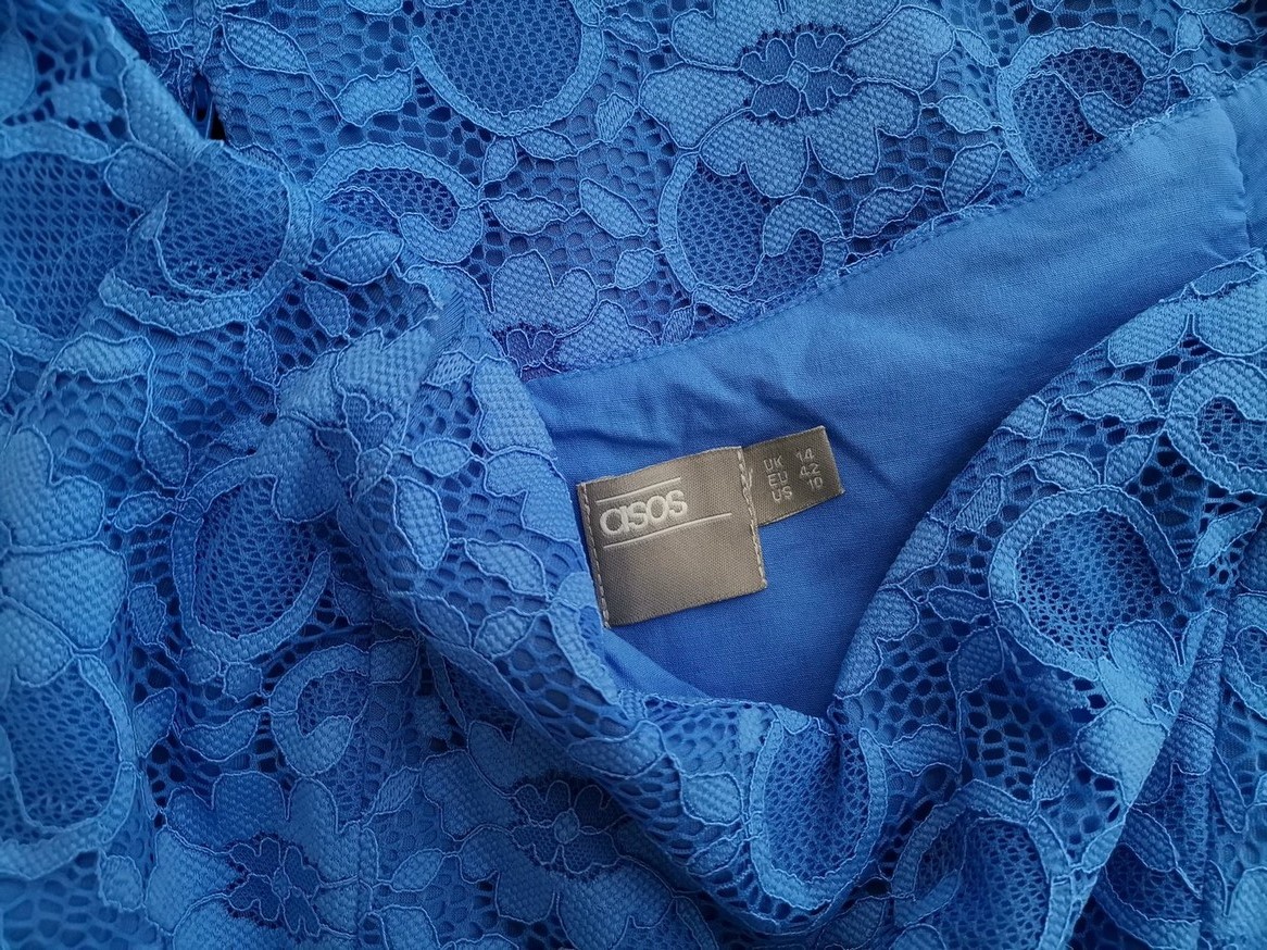 ASOS Rozmiar 14 (42) Kolor Niebieski Dekolt Serce Sukienka Sheath Bezrękawnik Midi