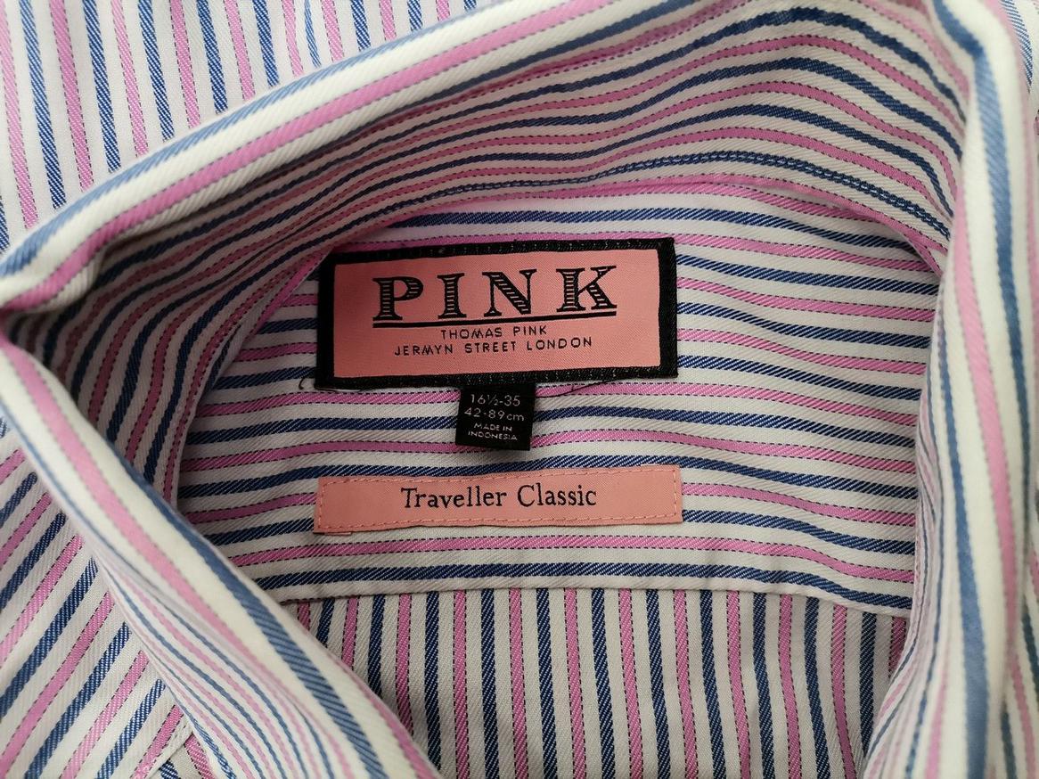 Pink Thomas Pink Rozmiar 16,5 (42) Kolor Różowy Pasy Kołnierz Męska Koszula Elegancka Długi rękaw