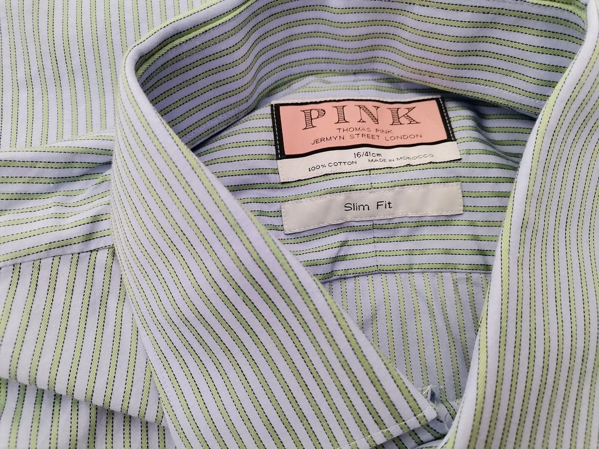 IMG_20210422_143141_r1.jpg Pink Thomas Pink Rozmiar 16 (41) Kolor Niebieski Pasy Kołnierz Męska Koszula Elegancka Długi rękaw Materiał Bawełna 100%