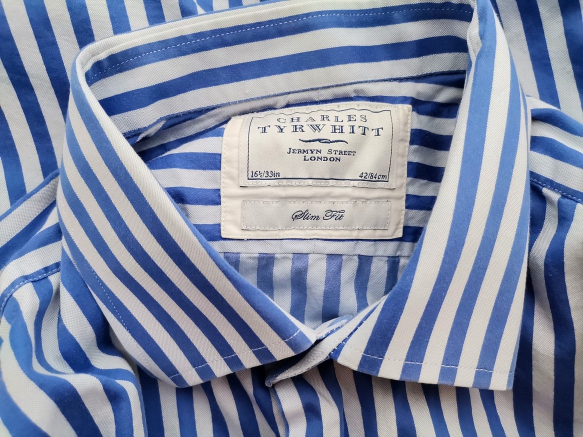 IMG_20210507_132132.jpg Charles Tyrwhitt Rozmiar 16.5 (42) Kolor Niebieski Pasy Kołnierz Męska Koszula Elegancka Długi rękaw Materiał Bawełna 100%