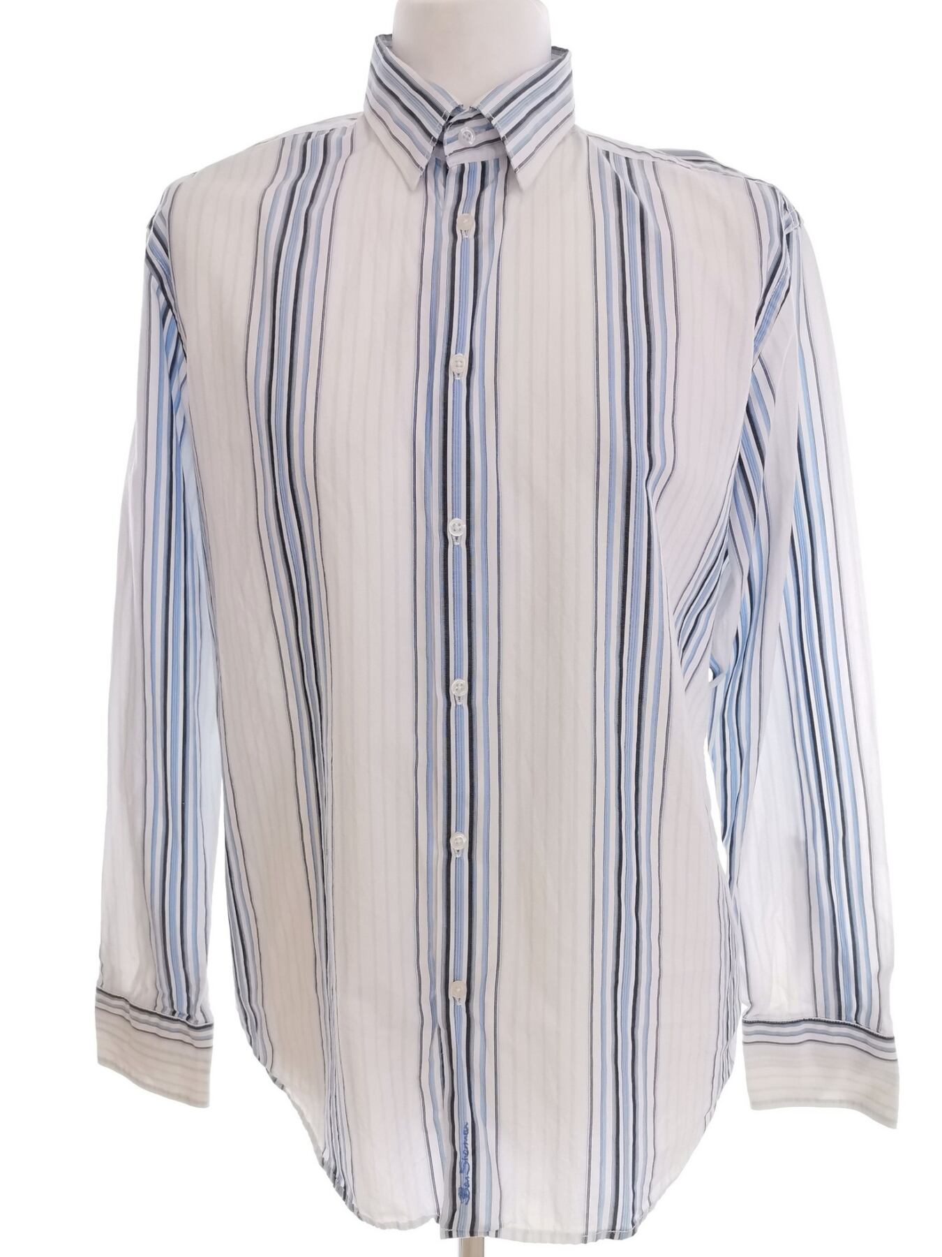 BEN SHERMAN Rozmiar L Kolor Biały Pasy Kołnierz Męska Koszula Casual Długi rękaw Materiał Bawełna 100%