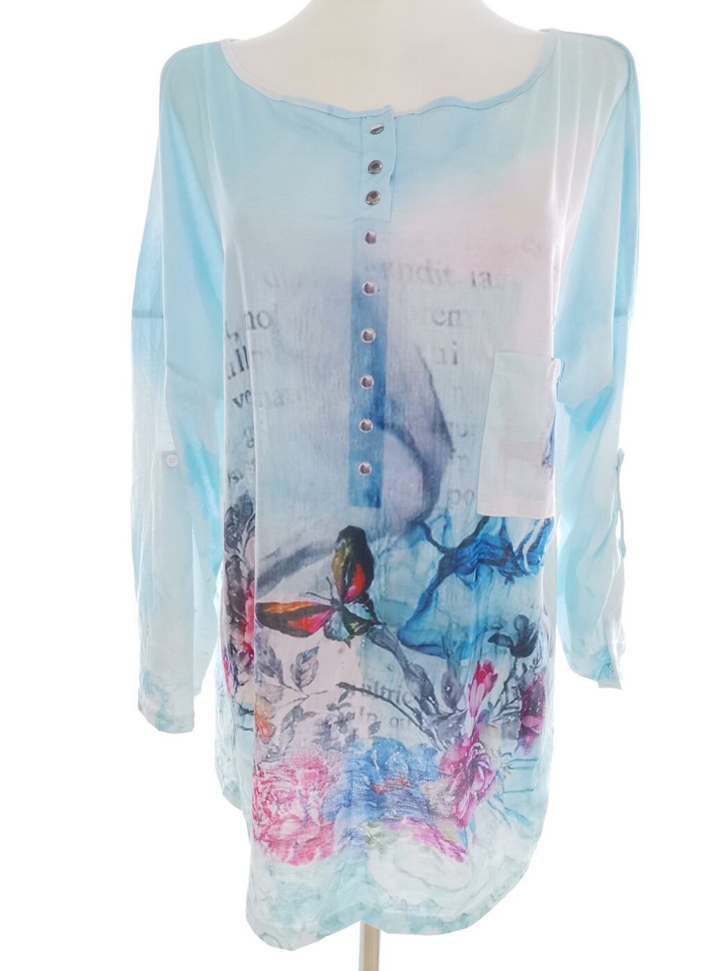 Vintage Rozmiar XL Kolor Niebieski W łódkę Tunika Popover Bluzka Rękaw 3/4