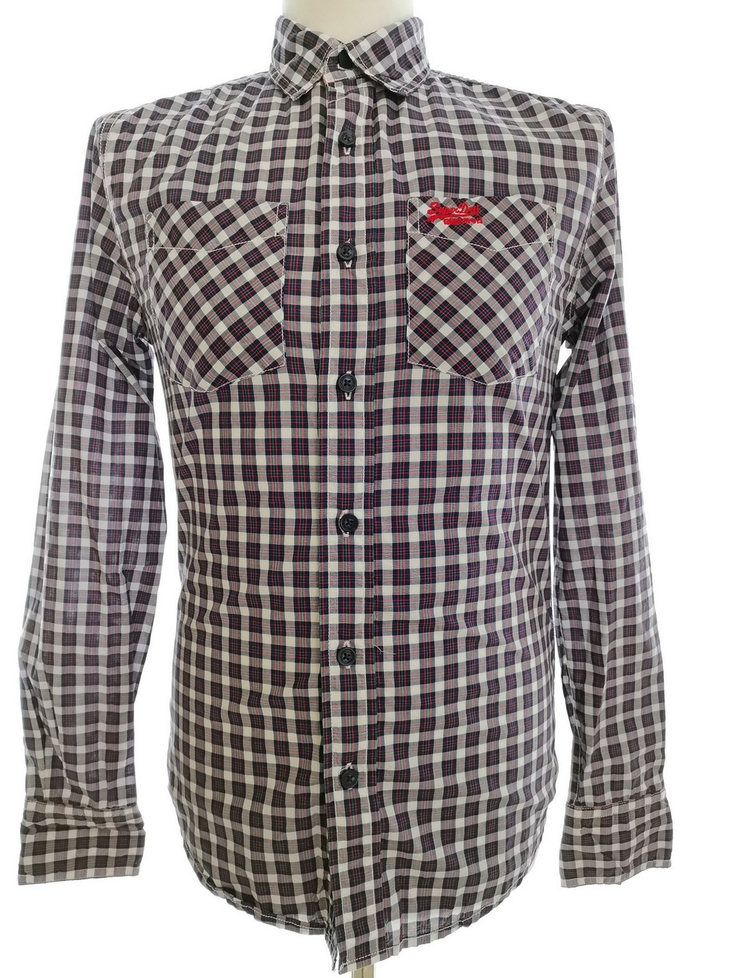 Superdry Rozmiar S Kolor Granatowy Krata Kołnierz Męska Koszula Casual Długi rękaw Materiał Bawełna