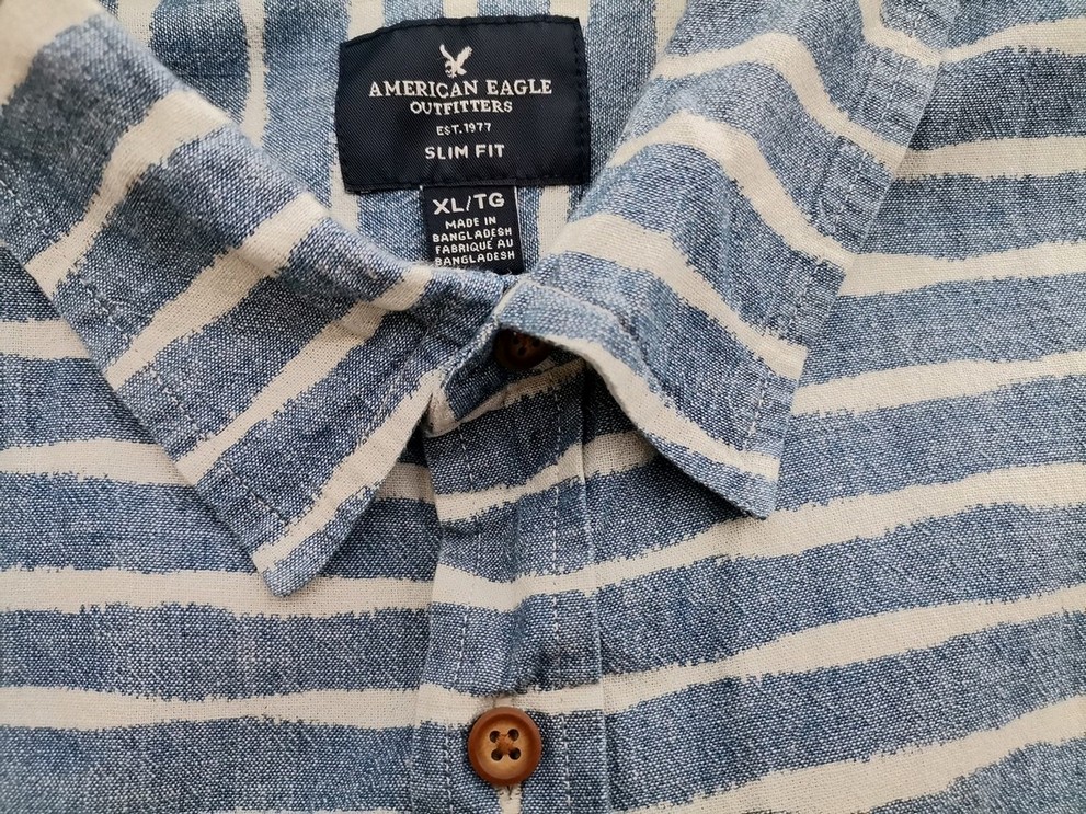 IMG_20210517_113035.jpg American Eagle Rozmiar XL Kolor Niebieski Pasy Kołnierz Męska Koszula Casual Krótki rękaw Materiał Bawełna 100%