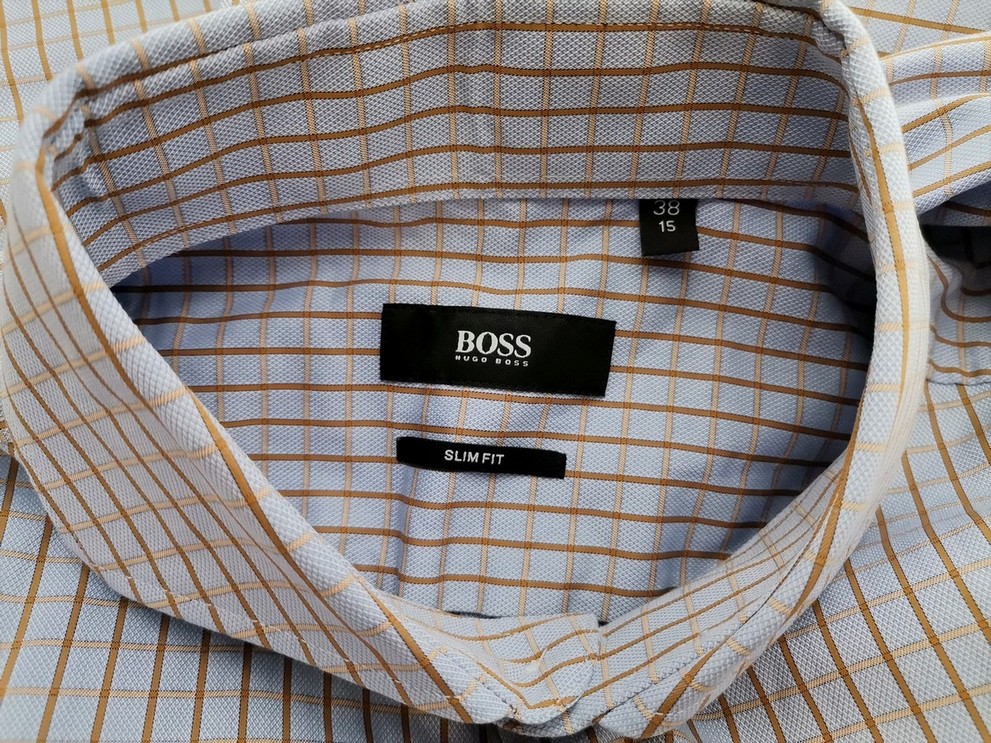 IMG_20210517_113447.jpg Hugo Boss Rozmiar 15 (38) Kolor Niebieski Krata Kołnierz Męska Koszula Elegancka Długi rękaw Materiał Bawełna 100%