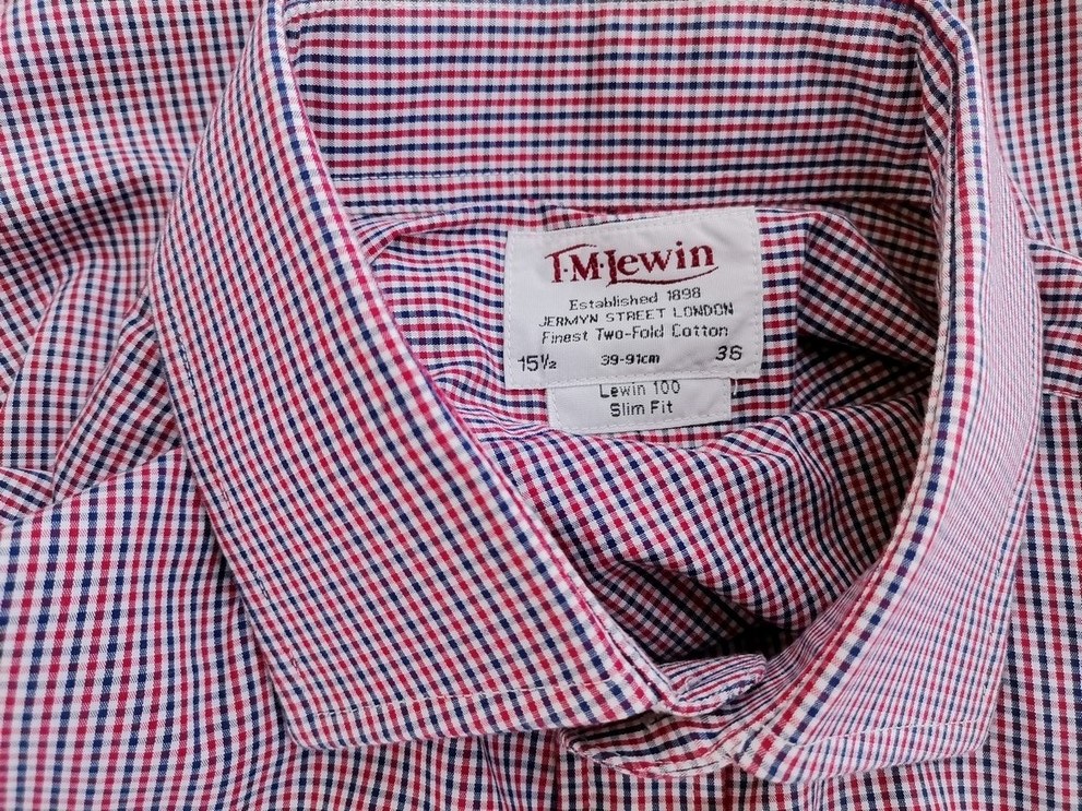 TM Lewin Rozmiar 15.5 (36) Kolor Czerwony Krata Kołnierz Męska Koszula Elegancka Długi rękaw Materiał Bawełna 100%