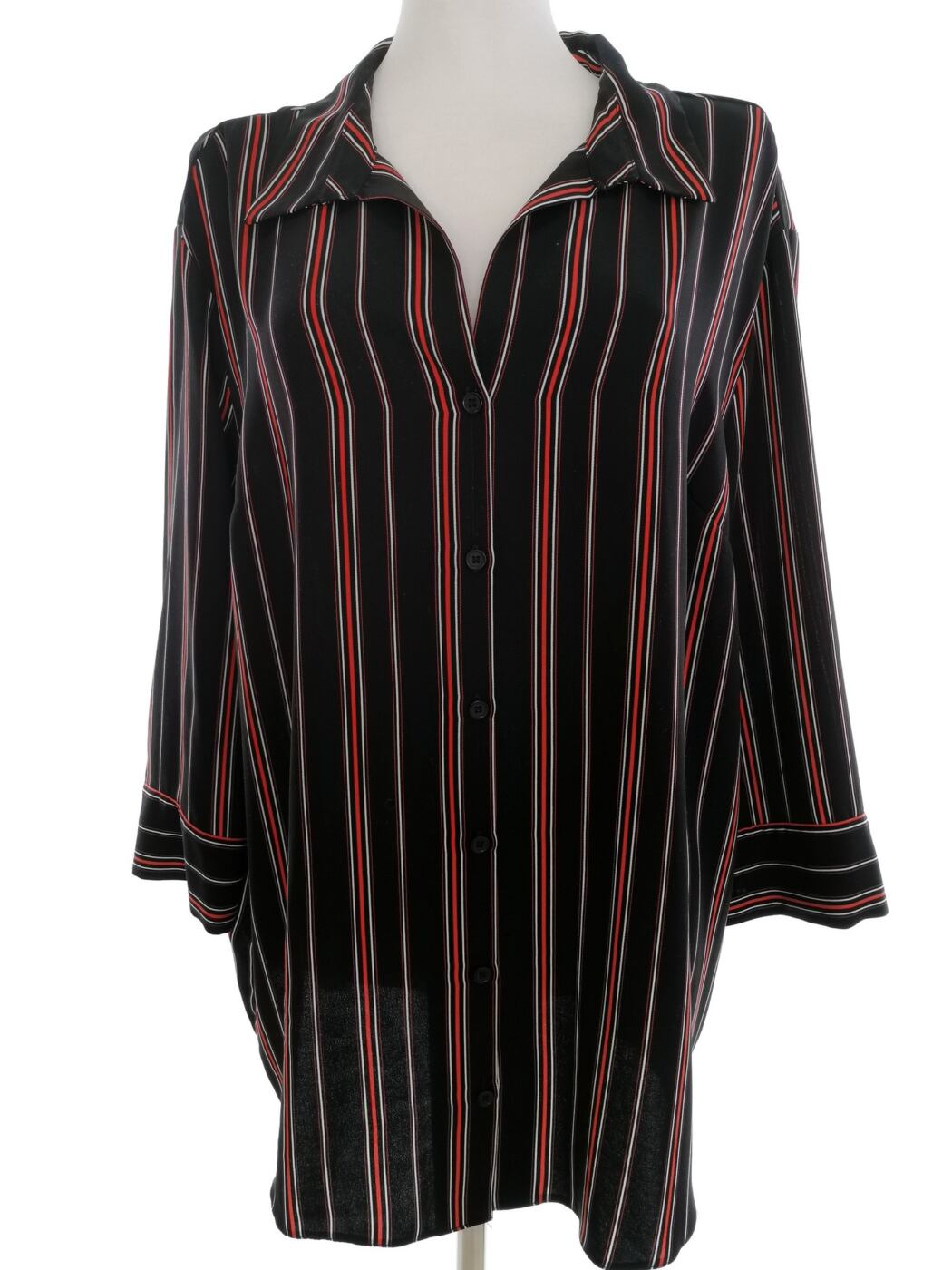 Vintage Rozmiar 48/50 Kolor Czarny Pasy Kołnierz Tunika Zapinana Bluzka Rękaw 3/4